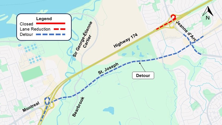 The image is of a map with the highway shown in yellow. the closure as described above is shown as a red line. the detour described below is shown as a blue dashed line.