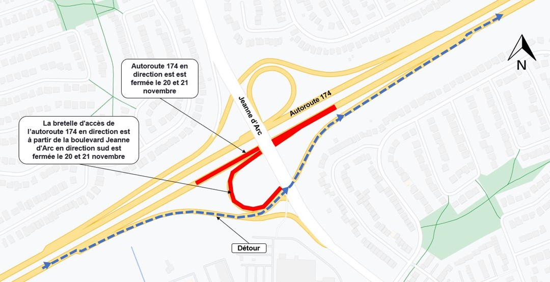 Une carte grise avec l'autoroute représentée en jaune. la fermeture décrite ci-dessus est représentée en rouge. la déviation décrite ci-dessus est représentée par une ligne pointillée bleue. 