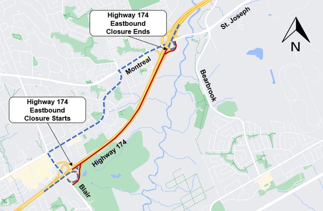 A grey map with the highway shown in yellow. The start and end of the closure are shown in red. the detour as described above is shown as a blue dashed line. 