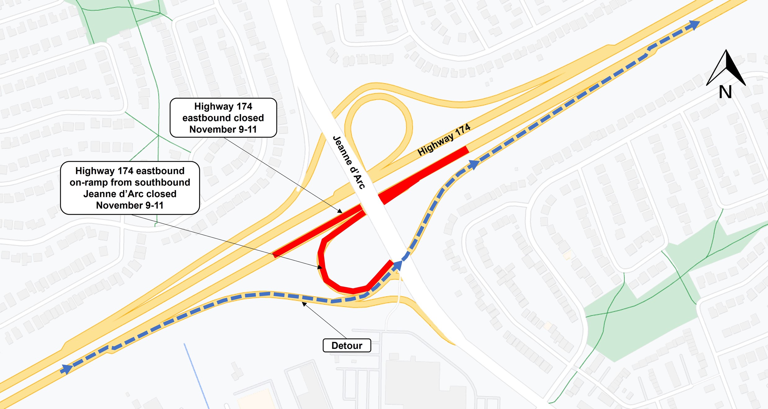 A map with the highway shown in yellow. The closure on the highway is shown in red. the detour as described above is shown as a blue-dashed line.