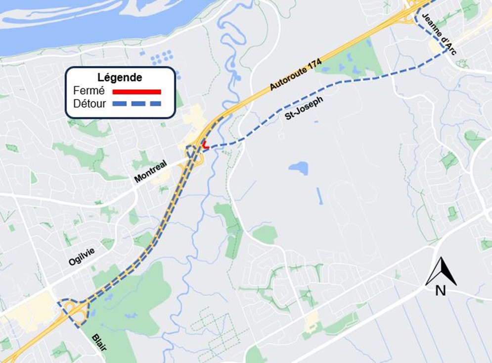 Une carte grise avec l'autoroute en jaune. La fermeture de la bretelle est indiquée en rouge. La déviation décrite ci-dessus est représentée par une ligne bleue en pointillés.