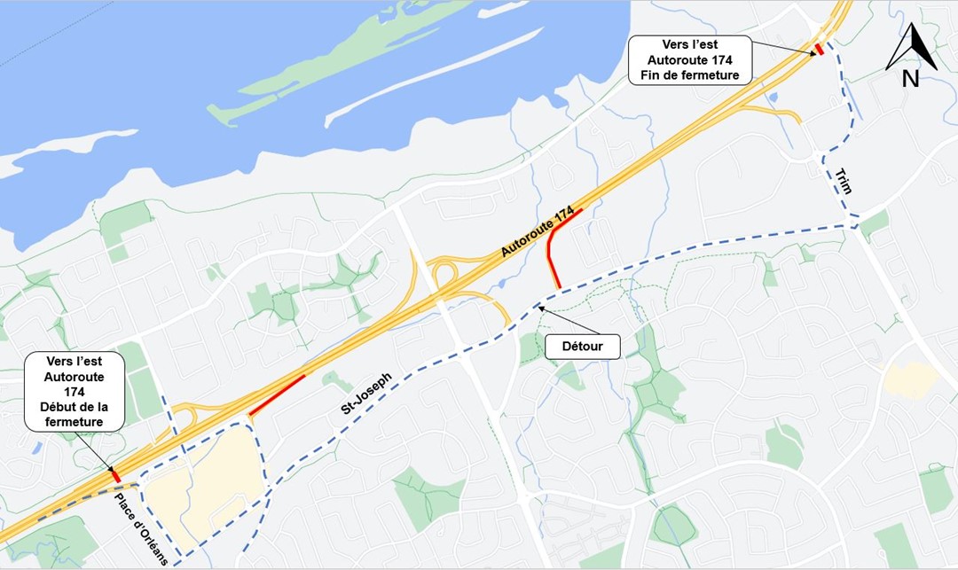Une carte grise avec l'autoroute en jaune. Le début et la fin de la fermeture sont indiqués en rouge. La déviation décrite ci-dessus est représentée par une ligne bleue en pointillés.