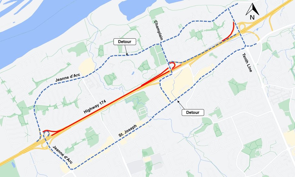 A grey map with the highway shown in yellow. the closure on the highway is shown as a solid red line. the detour, as described above, is shown as a blue dashed line. 
