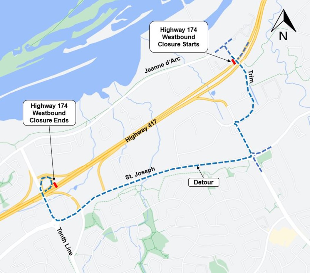 A grey map with the highway shown in yellow. The start and end of the closure are shown in red. the detour as described above is shown as a blue dashed line. 