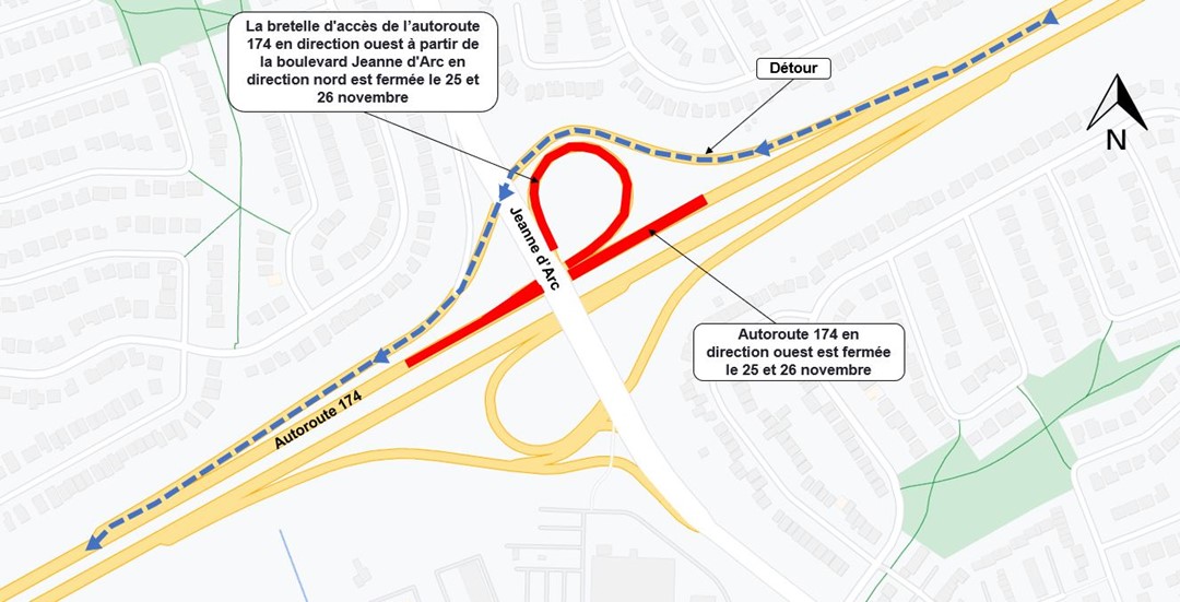 Une carte grise avec l'autoroute représentée en jaune. la fermeture décrite ci-dessus est représentée en rouge. la déviation décrite ci-dessus est représentée par une ligne pointillée bleue. 