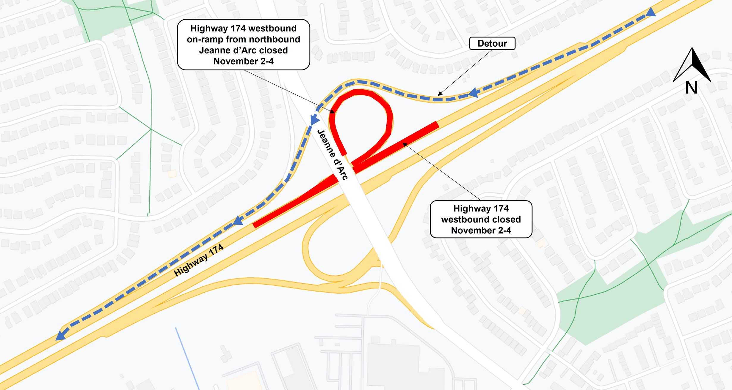 A map with the highway shown in yellow. The closure on the highway is shown in red. the detour as described above is shown as a blue-dashed line.