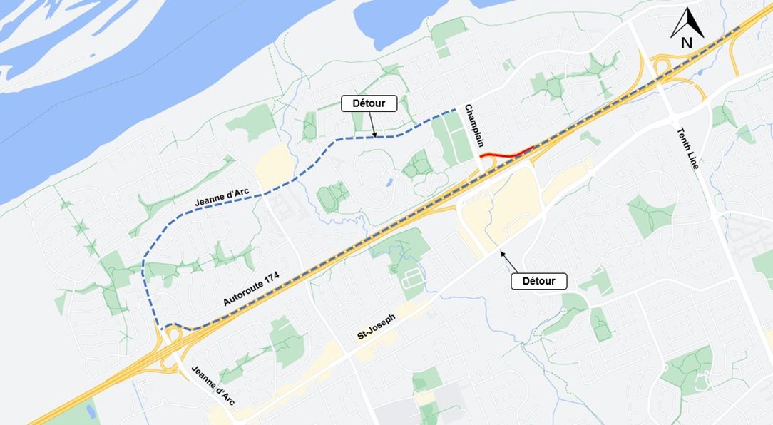 Une carte grise avec l'autoroute en jaune. La fermeture de la bretelle d'accès à la rue Champlain est indiquée en rouge. La déviation décrite ci-dessus est représentée par une ligne bleue en pointillés.