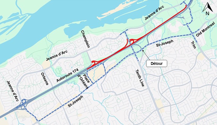 L'image représente une carte sur laquelle l'autoroute est représentée en jaune. La fermeture décrite ci-dessus est représentée par une ligne rouge. La déviation décrite ci-dessous est représentée par une ligne bleue en pointillés.