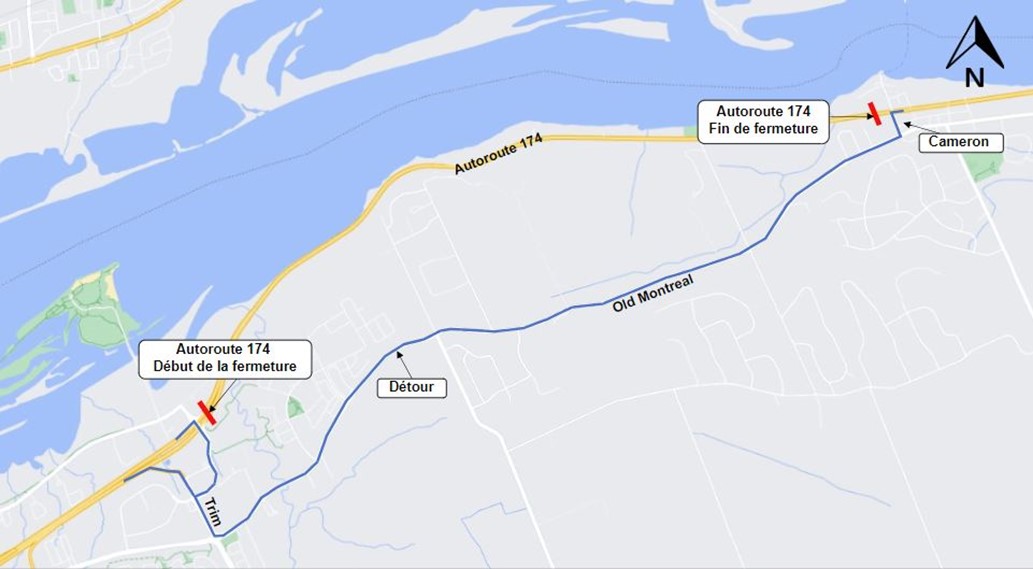 Une carte grise avec l'autoroute en jaune. Le début et la fin de la fermeture sont indiqués en rouge. Les déviations décrites ci-dessus sont représentées par une ligne bleue en pointillés.