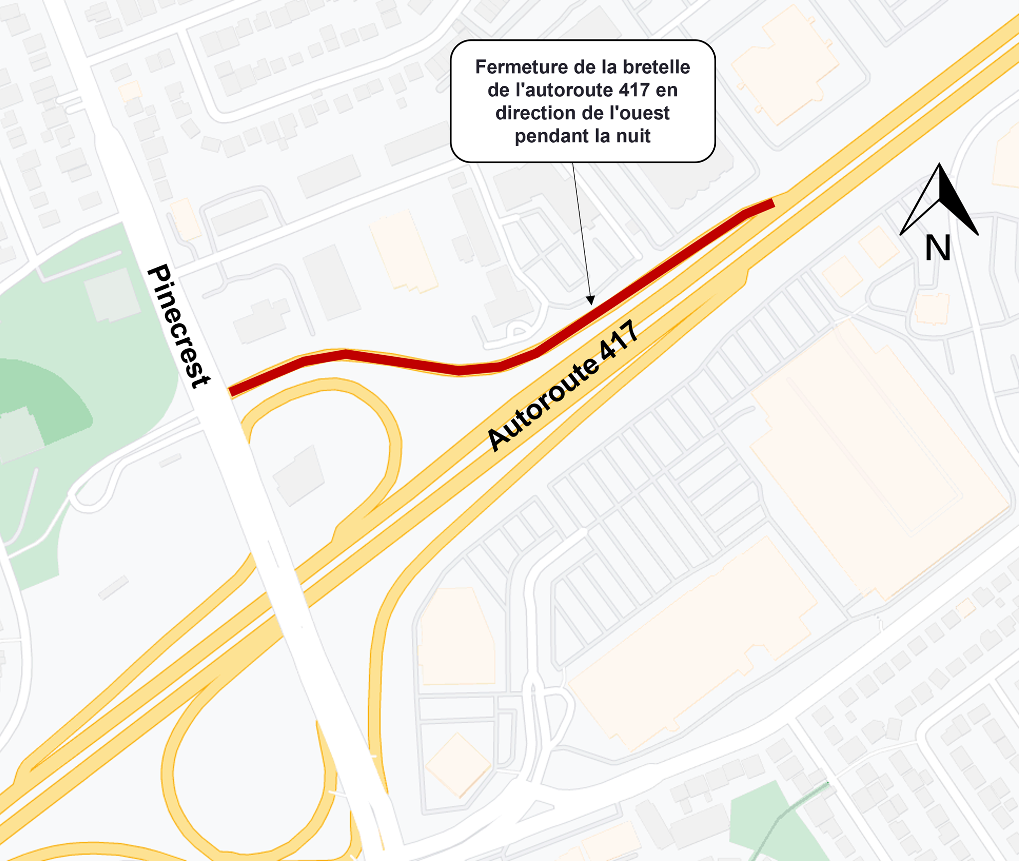 L'image représente une carte sur laquelle l'autoroute est représentée en jaune. La fermeture décrite ci-dessus est représentée par une ligne rouge.