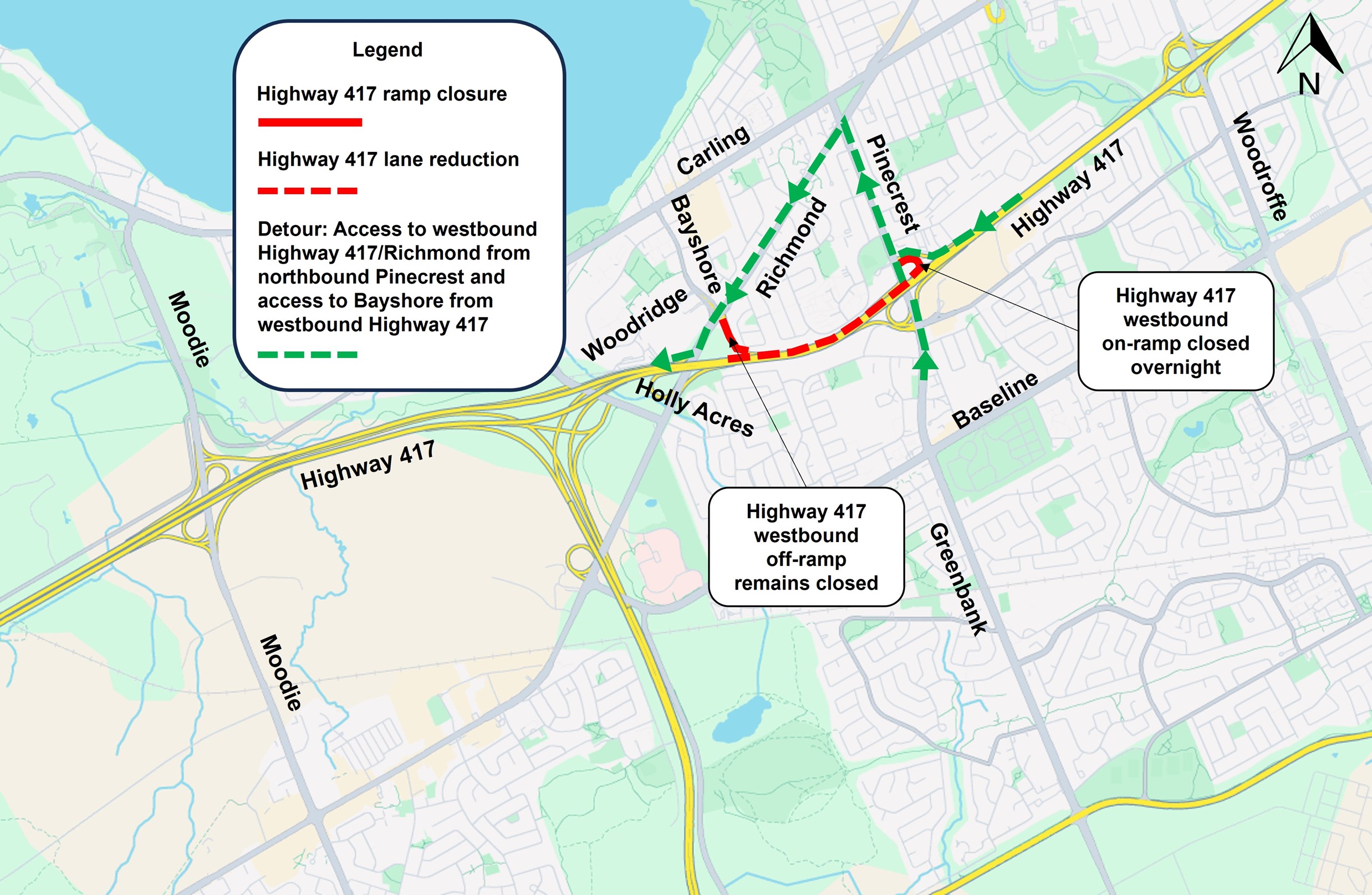 The image is of a map with the Highway shown in yellow. the closures as described above are shown as a red line. the detour decsribed below is shown as a green dashed line. 