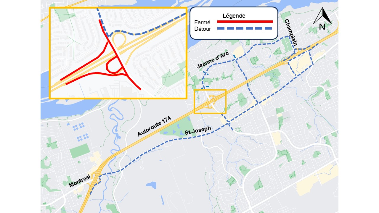 L'image représente une carte sur laquelle l'autoroute est représentée en jaune. La fermeture décrite ci-dessus est représentée par une ligne rouge. La déviation décrite ci-dessous est représentée par une ligne bleue en pointillés.