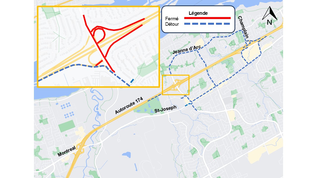 L'image représente une carte sur laquelle l'autoroute est représentée en jaune. La fermeture décrite ci-dessus est représentée par une ligne rouge. La déviation décrite ci-dessous est représentée par une ligne bleue en pointillés.