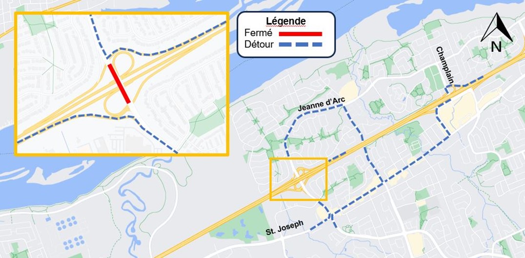 Une carte grise avec l'autoroute en jaune. La fermeture sur Jeanne d'Arc est représentée par une ligne pointillée rouge. La déviation décrite ci-dessous est représentée par une ligne pointillée bleue. 