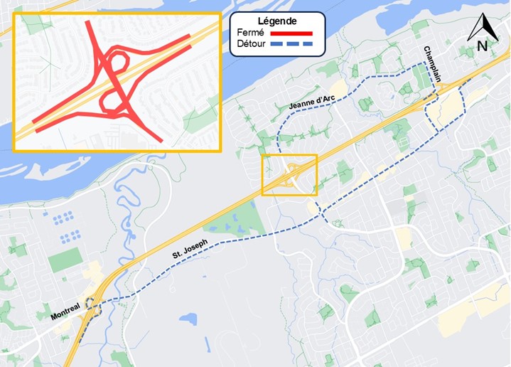 L'image représente une carte sur laquelle l'autoroute est représentée en jaune. La fermeture décrite ci-dessus est représentée par une ligne rouge. La déviation décrite ci-dessous est représentée par une ligne bleue en pointillés.