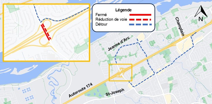 Dans le cadre de l’Étape 2 du projet de train léger sur rail (TLR) de l’O-Train, les automobilistes circulant sur le boulevard Jeanne-d’Arc à la hauteur de la route régionale 174 doivent s’attendre à des répercussions sur la circulation alors que les équipes achèvent les travaux de construction nécessaires. Quoi :	Fermeture complète du boulevard Jeanne-d’Arc en direction sud et réduction du nombre de voies sur le boulevard Jeanne-d’Arc en direction nord à la hauteur de la route régionale 174. Quand :	Toutes les nuits, du mardi 27 mai au jeudi 29 mai, chaque nuit entre 23 h et 5 h 30 le lendemain.  Pourquoi :	Installation du garde-fou sur le terre-plein du pont. Où :  	Boulevard Jeanne-d’Arc à la hauteur de l’échangeur de la route régionale 174.  Les travaux de construction présentés dans cet avis pourraient changer. Ils pourraient être retardés ou prolongés en fonction des conditions météorologiques ou d’autres circonstances imprévues. Détours : Les automobilistes au nord de la route régionale 174 peuvent accéder au boulevard Jeanne-d’Arc au sud de la route régionale en traversant la route régionale 174 à la hauteur du boulevard d’Orléans.  Les automobilistes au nord de la route régionale 174 à la hauteur du boulevard Jeanne-d’Arc souhaitant se rendre sur la route régionale 174 en direction est circuleront en direction est sur le boulevard Jeanne-d’Arc vers le boulevard d’Orléans. Ils tourneront à droite sur le boulevard d’Orléans et circuleront en direction sud vers le boulevard St-Joseph. Ils circuleront en direction est vers la promenade Place d’Orléans. Ils tourneront à gauche pour reprendre la route régionale 174 en utilisant la bretelle d’accès depuis la promenade Place d’Orléans.