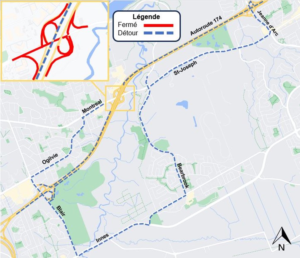 Une carte grise avec des routes blanches et l'autoroute est représentée en jaune. La déviation décrite ci-dessus est représentée par une ligne bleue en pointillés. Les fermetures de bretelles sont indiquées en rouge. 