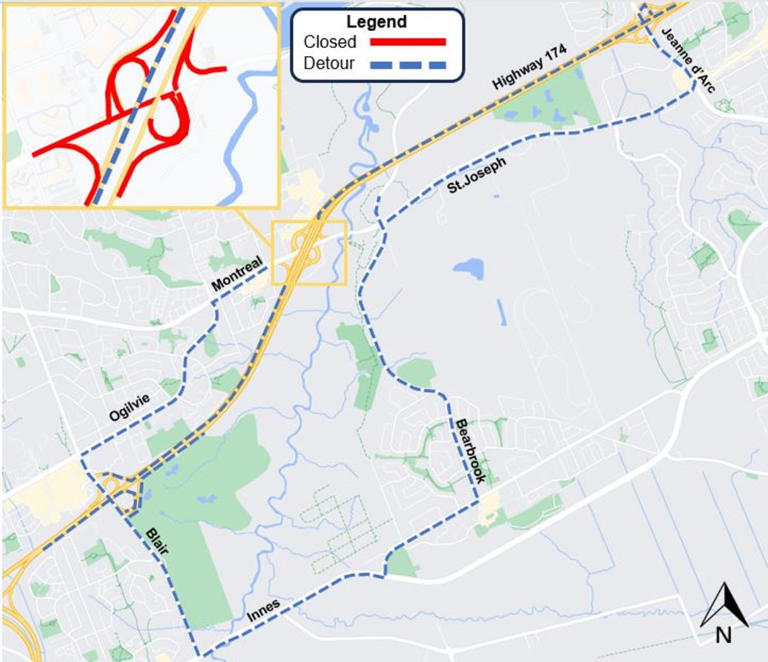 The image is of a map with the highway shown in yellow. the closure as described above is shown as a red line. the detour described below is shown as a blue dashed line.