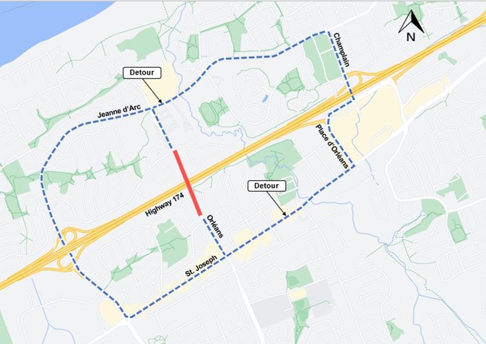 A grey map with the Highway shown in yellow, and the closure on Orleans Boulevard shown in red. The detour as described above is shown as a blue dashed line.