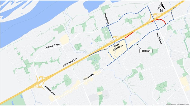 L'image représente une carte sur laquelle l'autoroute est représentée en jaune. La fermeture décrite ci-dessus est représentée par une ligne rouge. La déviation décrite ci-dessous est représentée par une ligne bleue en pointillés.