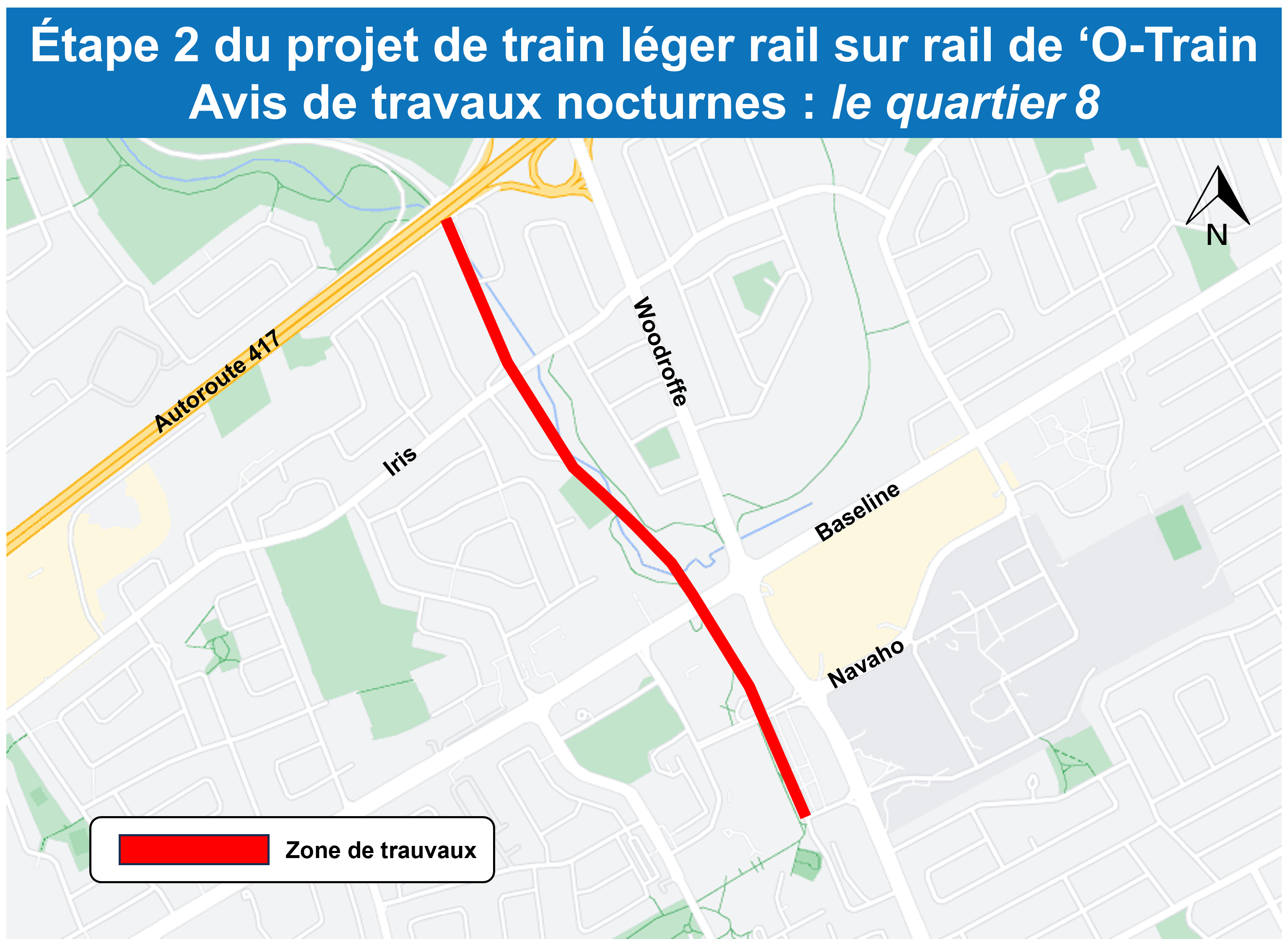 Carte en gris et blanc montrant la zone de travaux de la ligne rouge de la station 417 à la station Algonquin.