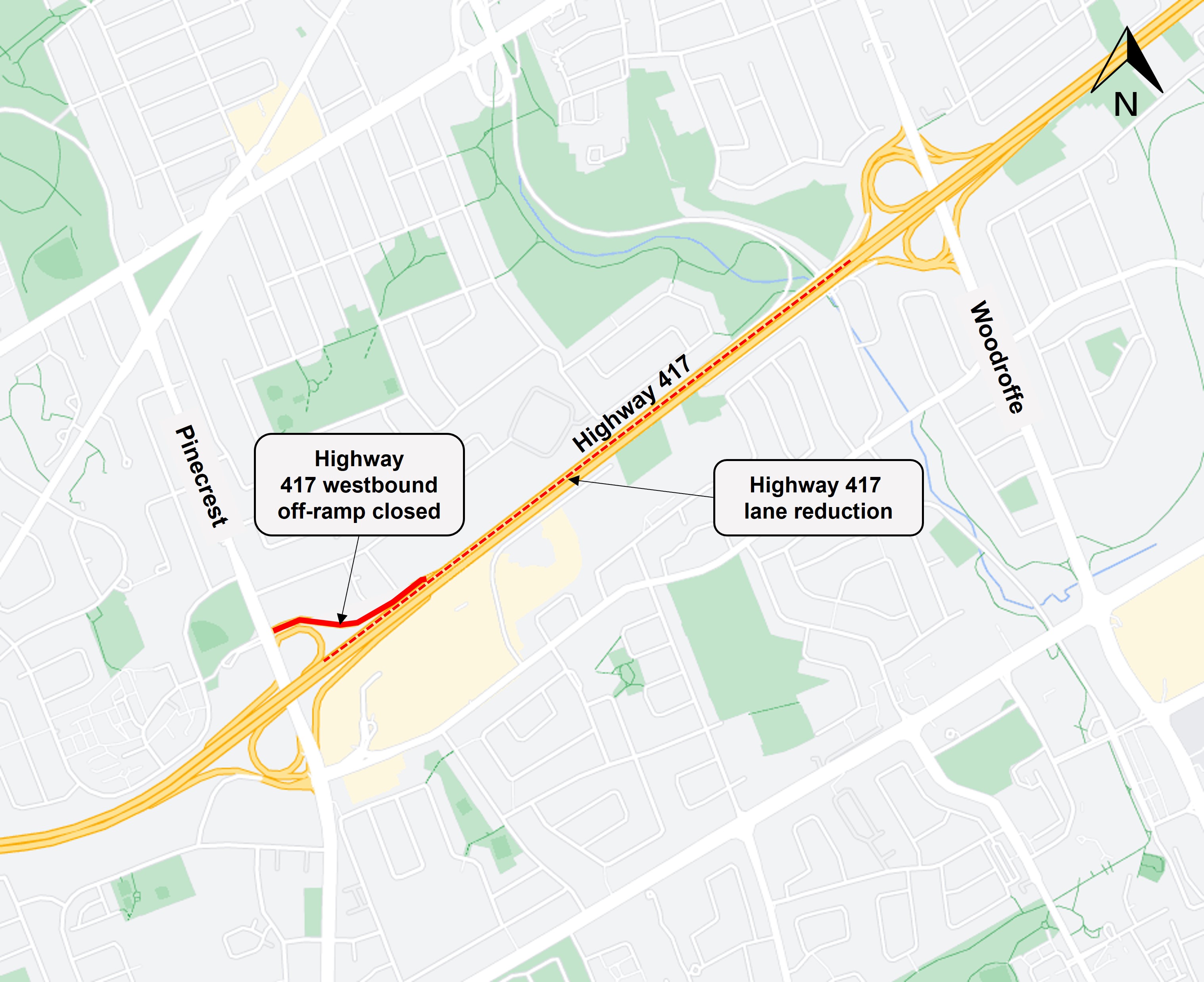 Grey map showing highway 417. There is a red dotted line between Woodroffe and Pinecrest showing lane reductions and a solid red line on the Pinecrest off ramp showing the ramp closure. 