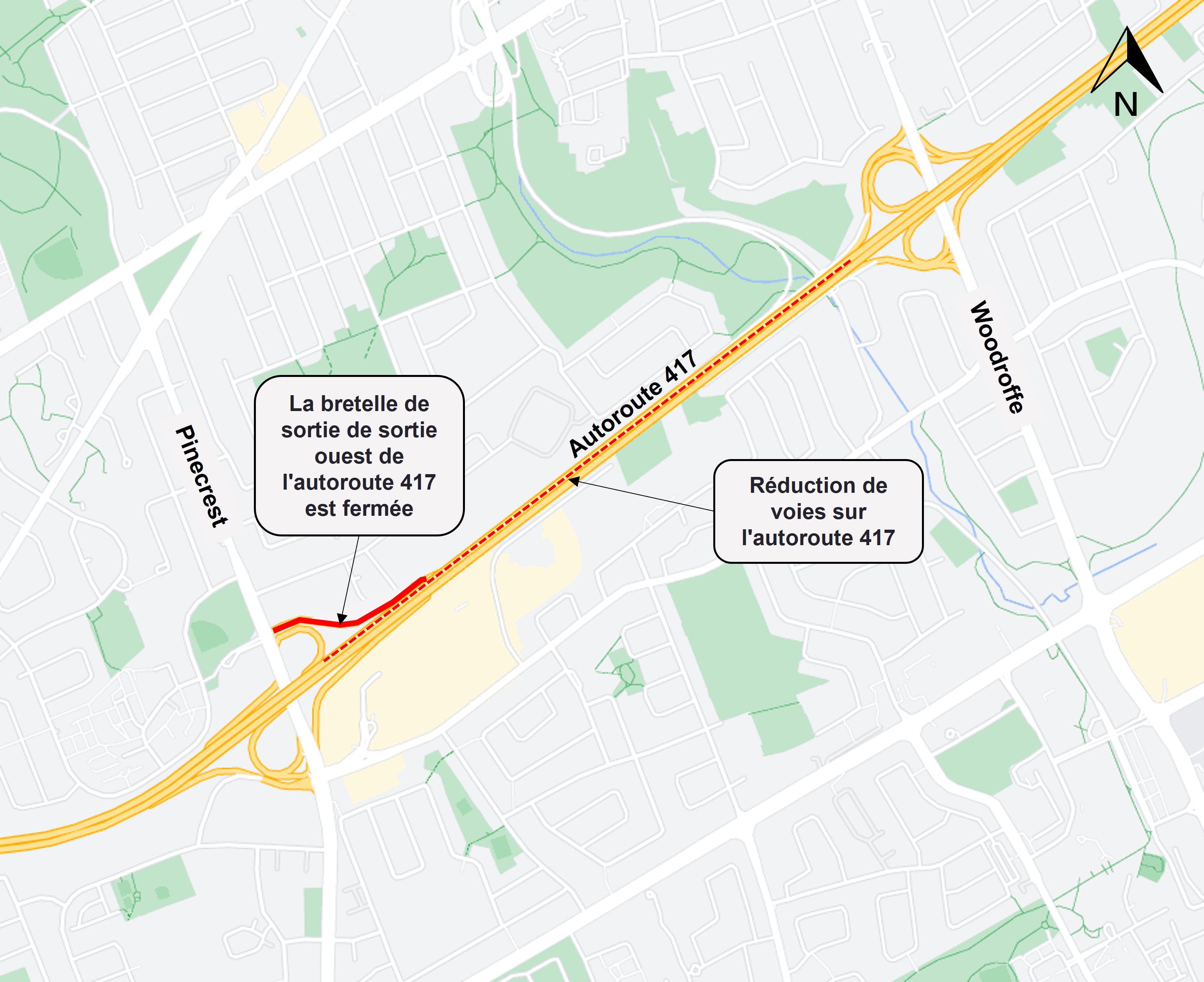 Carte grise montrant les 417 entre Woodroffe et Pinecrest. Une ligne rouge indique la fermeture de la bretelle de sortie de Pinecrest en direction de l'ouest et une ligne rouge en pointillé indique la réduction des voies sur la 417 en direction de l'ouest. 