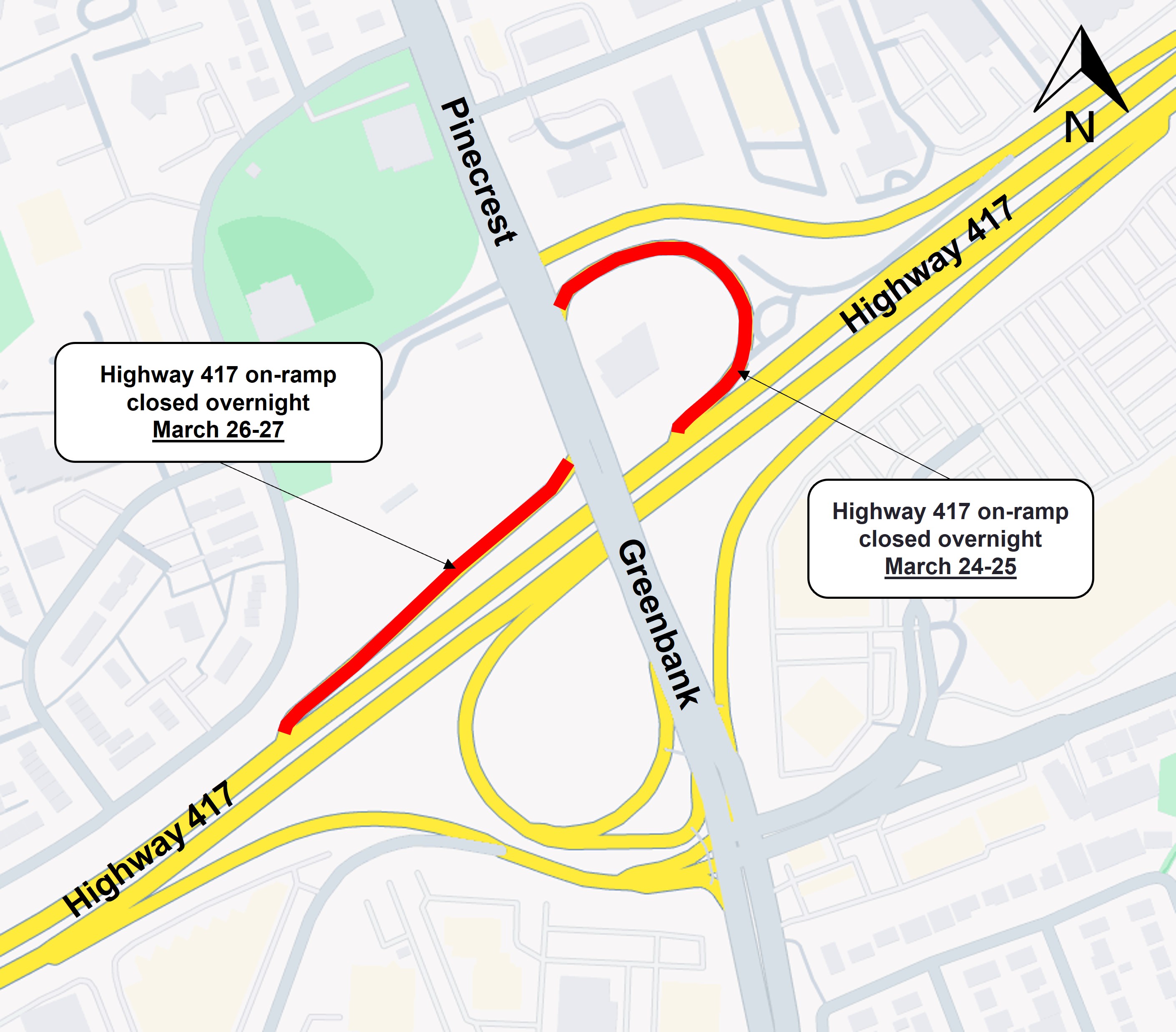 Grey and white map showing westbound and eastbound on ramp closures from the 417 to Pinecrest.