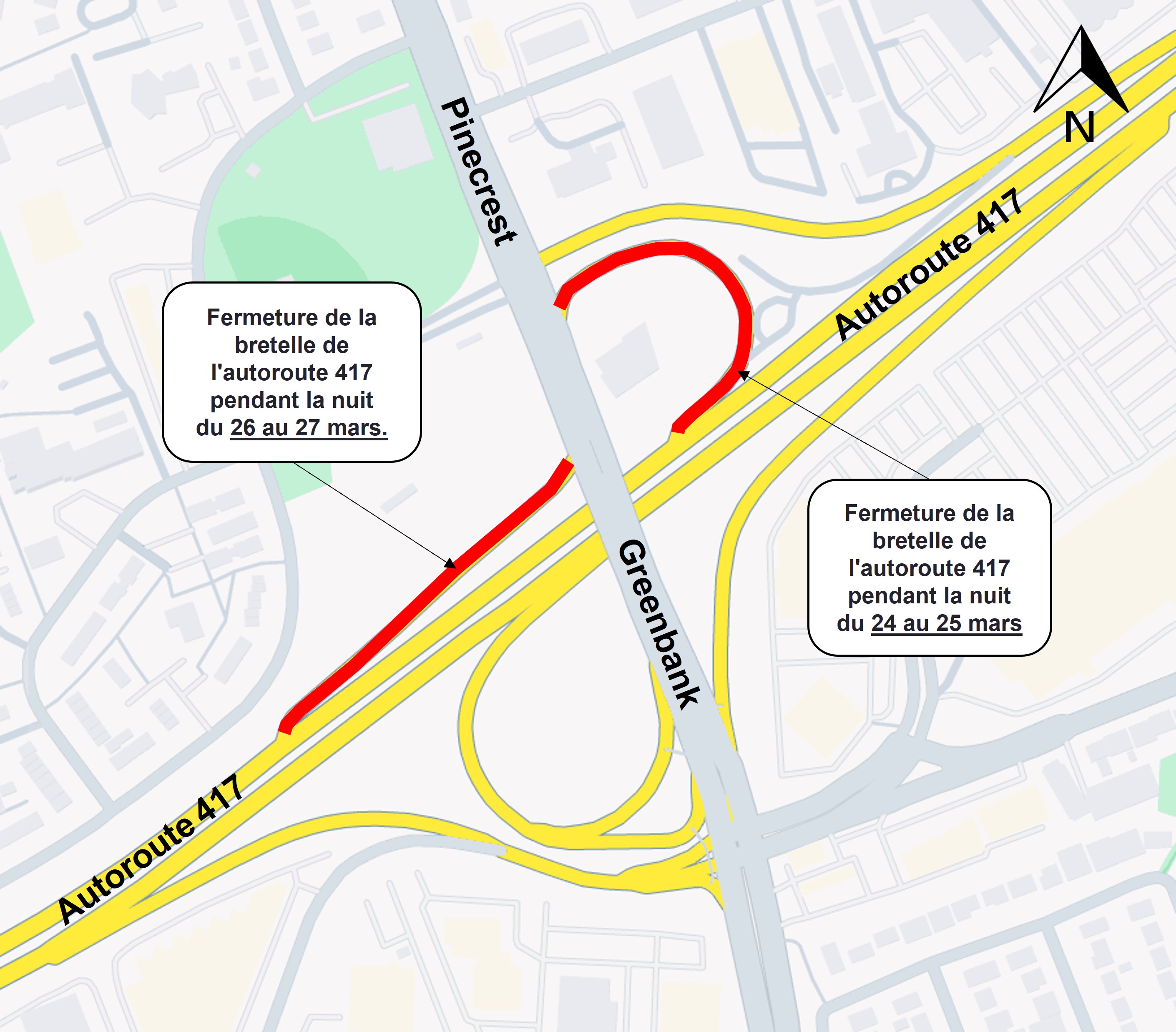 Carte en gris et blanc montrant des lignes rouges sur la 417 indiquant les fermetures de bretelles pour Pinecrest.