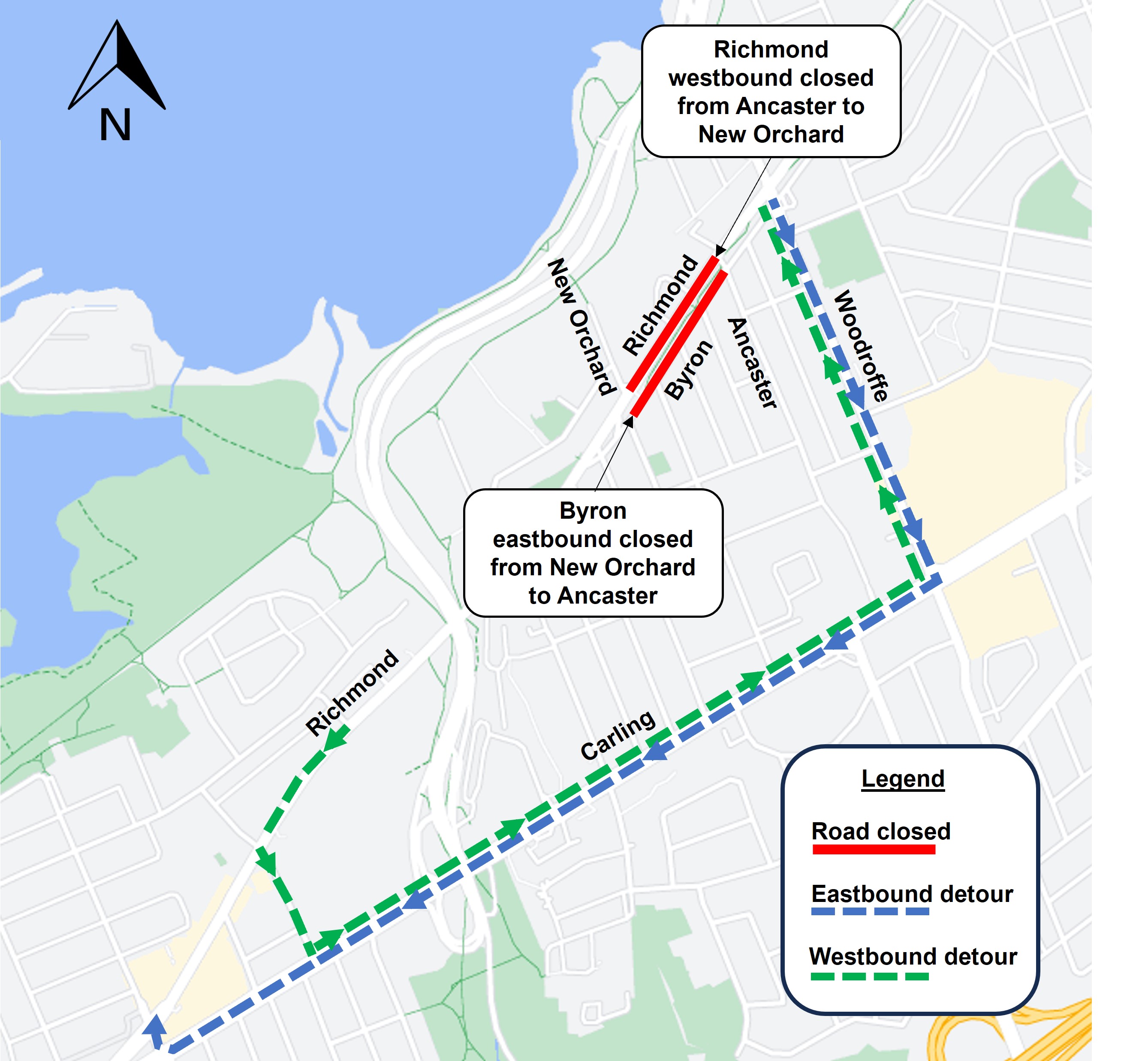 Grey map with red lines on Richmond and Bryon with green and blue lines showing detour route. 