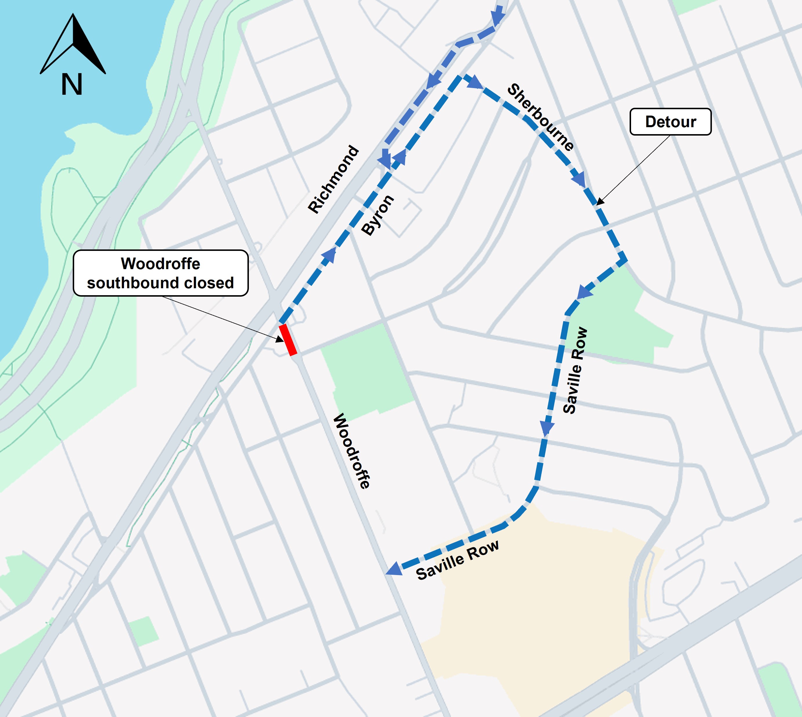 Grey and white map showing blue dotted lines which mark the detour. Red line on Woodroffe shows the closed segment of roadway at Byron. 
