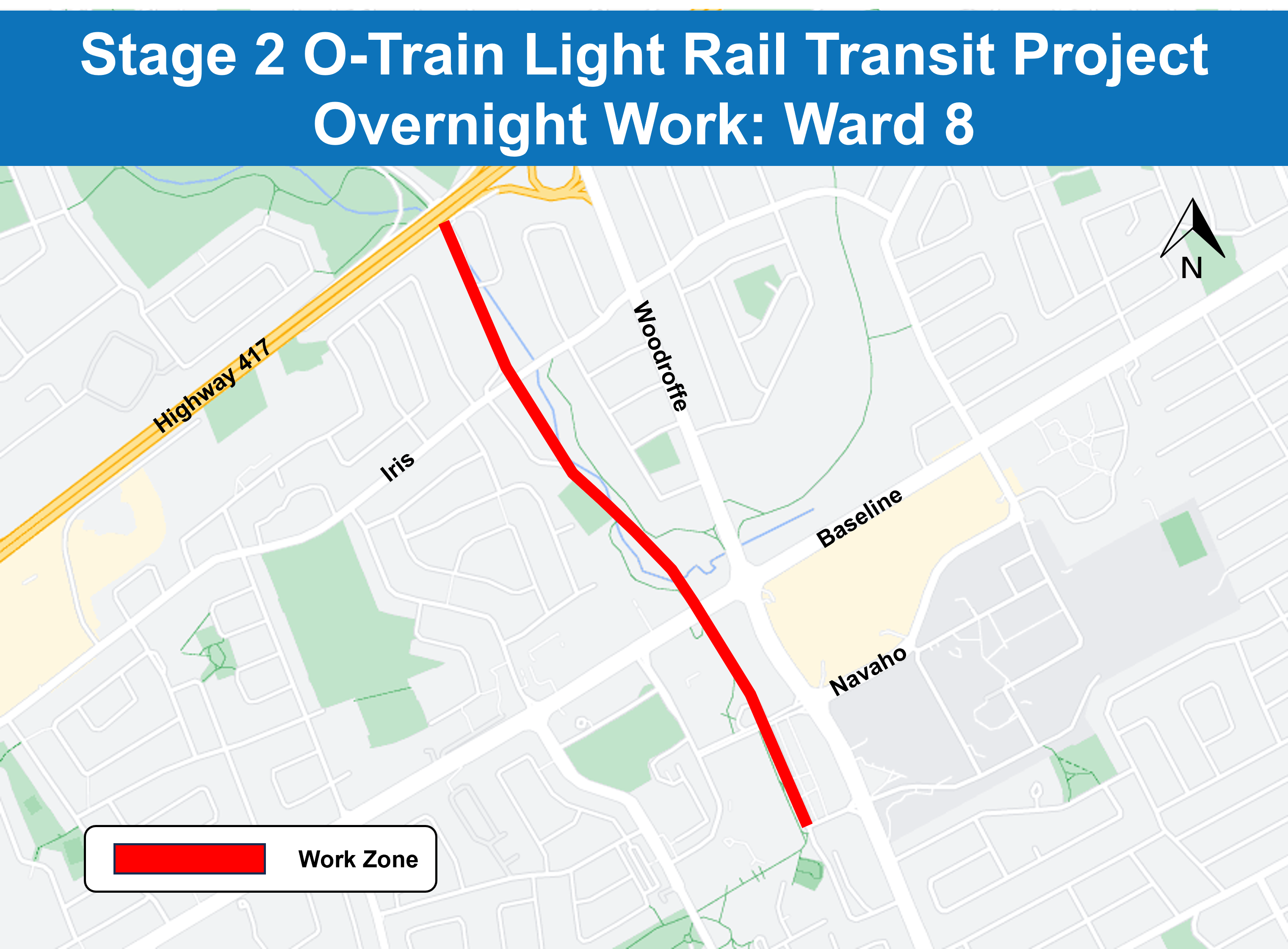 Grey map with red line along former transitway/new rail alignment indicating work area from Lincoln Fields to Algonquin College.