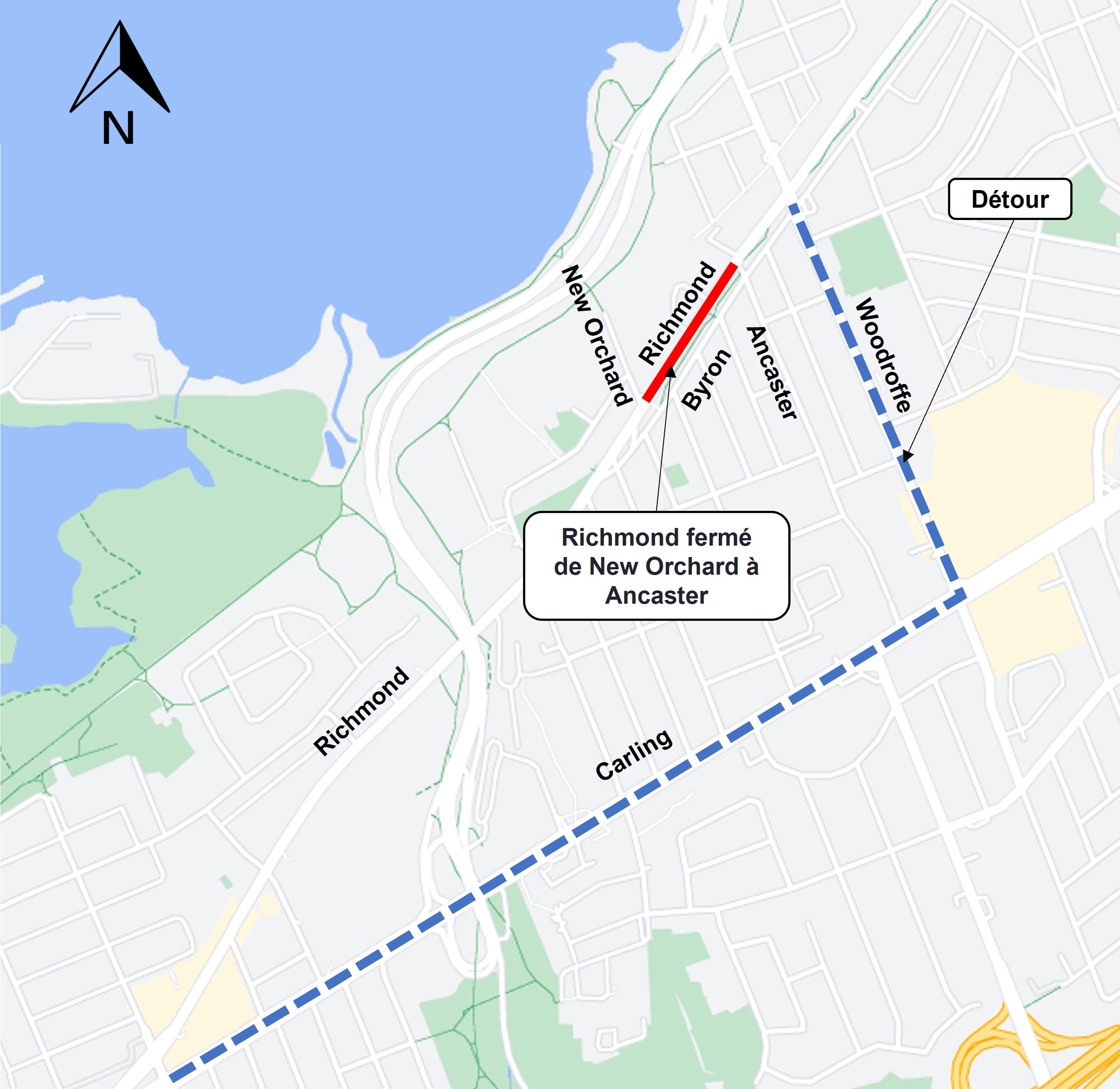 Carte grise avec une ligne rouge sur Richmond indiquant la zone de travail. La ligne bleue en pointillés sur Woodroffe et Carling indique la déviation.
