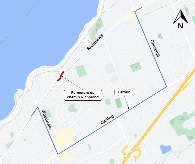 Carte grise avec une ligne bleue indiquant la déviation telle que mentionnée dans l'avis.