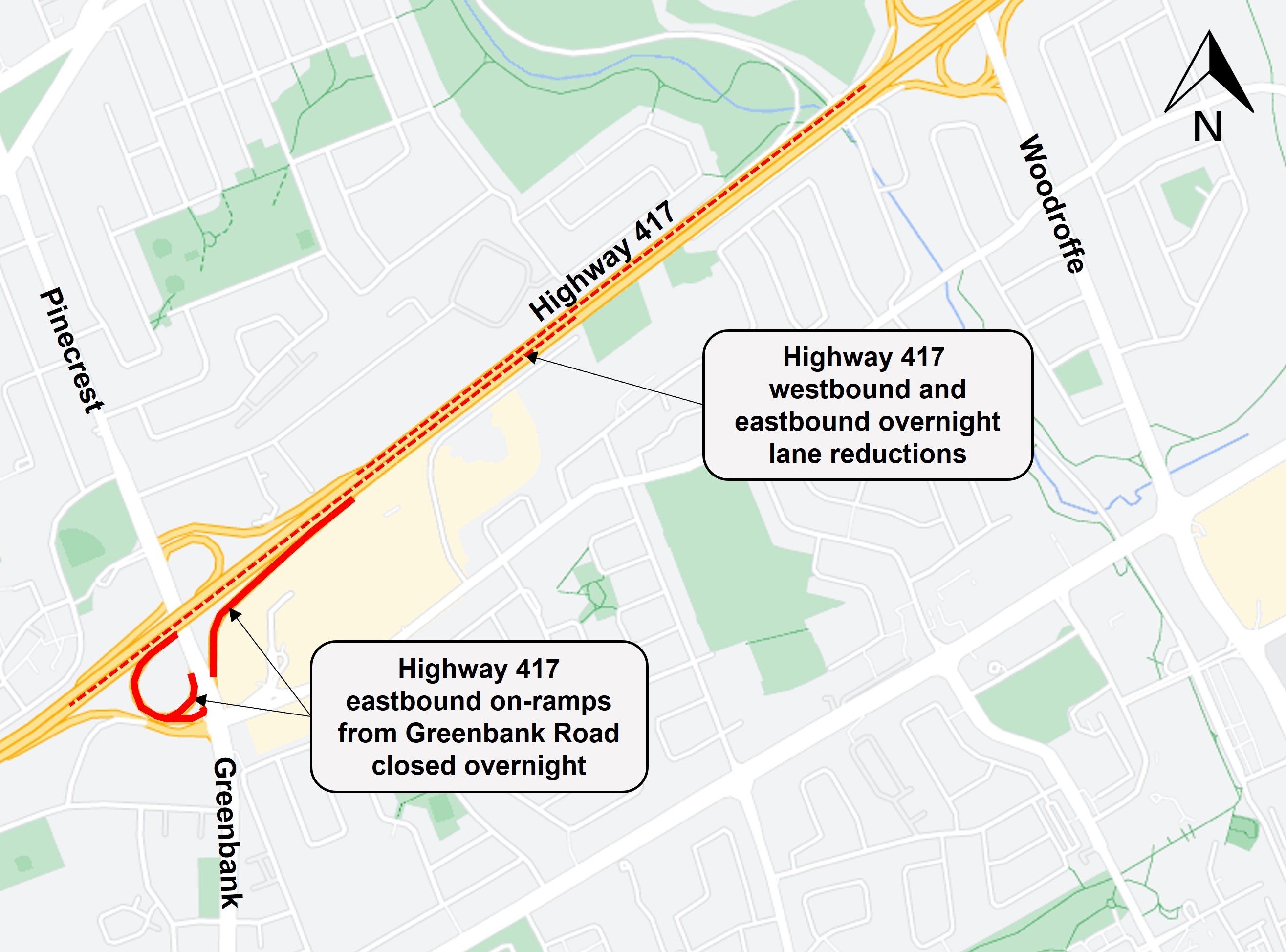 Grey map with red dotted lines on the 417 showing westbound and eastbound lane reductions and red solid lines indicting eastbound on ramp closures. 