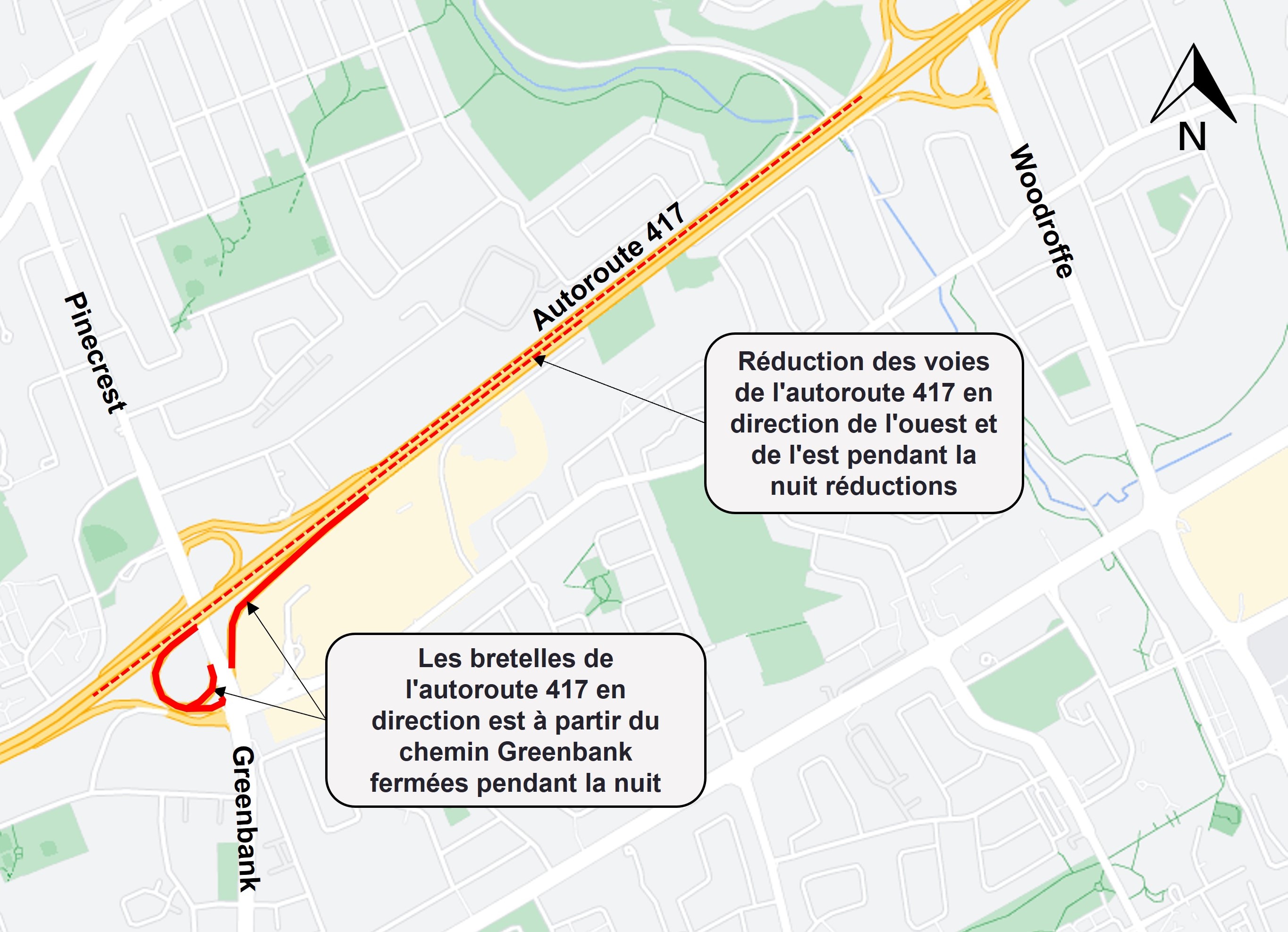 Carte grise avec des lignes rouges en pointillés sur la ligne 417 indiquant les réductions de voies en direction de l'ouest et de l'est et des lignes rouges pleines indiquant les fermetures de bretelles en direction de l'est.