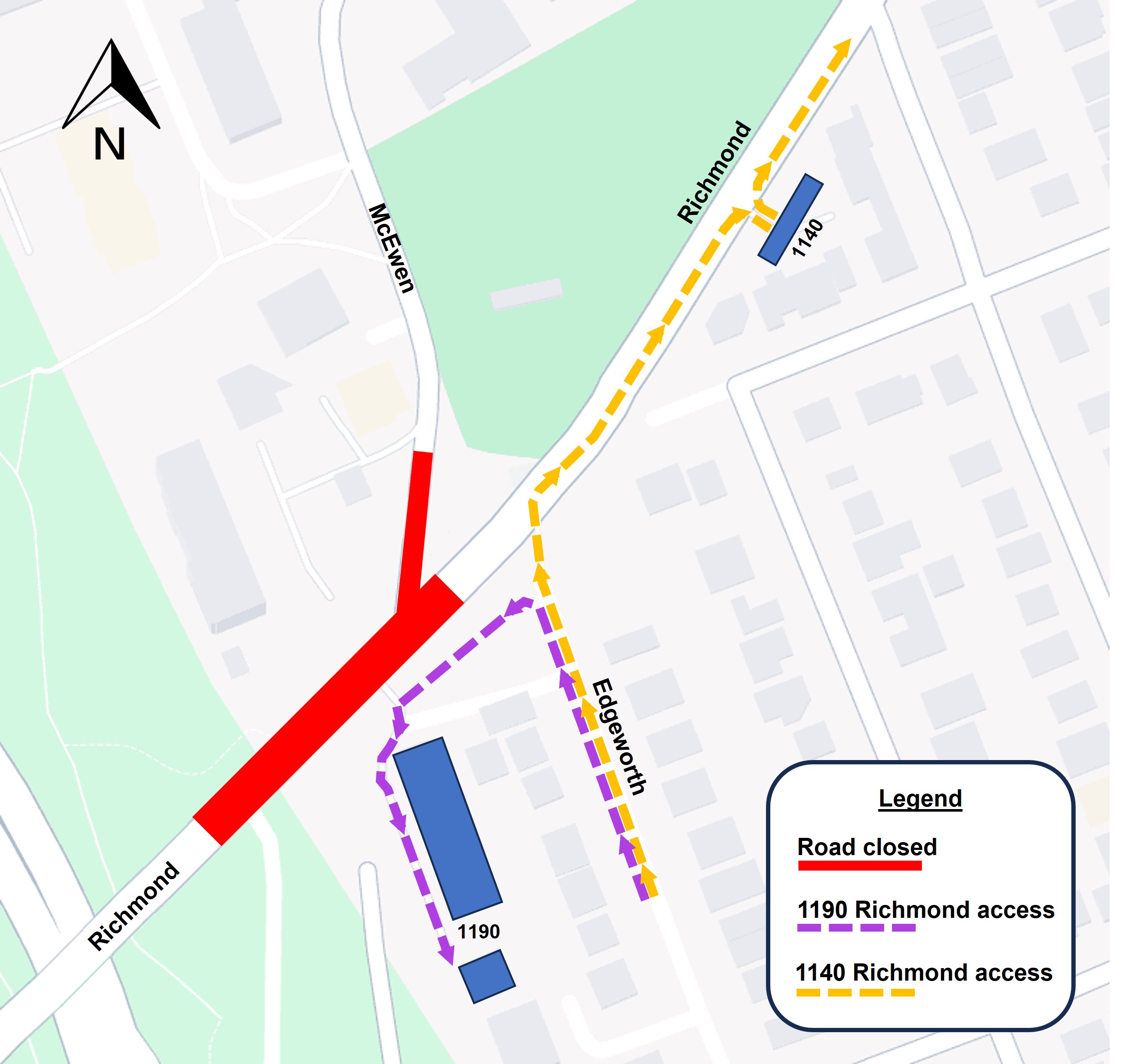 Map showing closure on Richmond from KZM to Edgeworth and McEwan. 