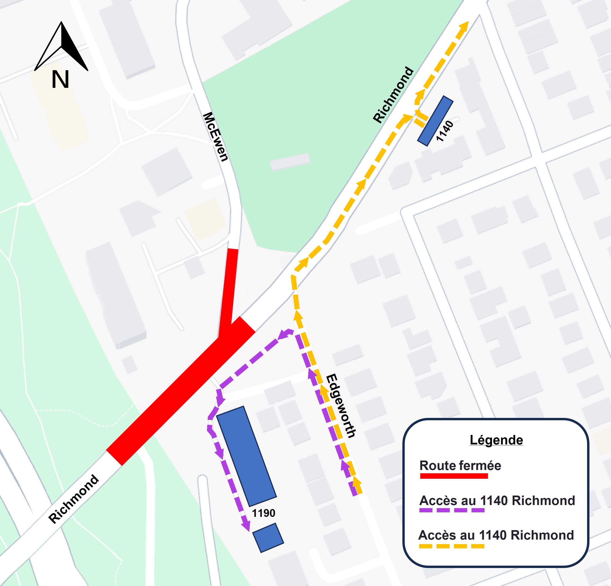 Carte montrant la fermeture de Richmond de KZM à Edgeworth et McEwan. 