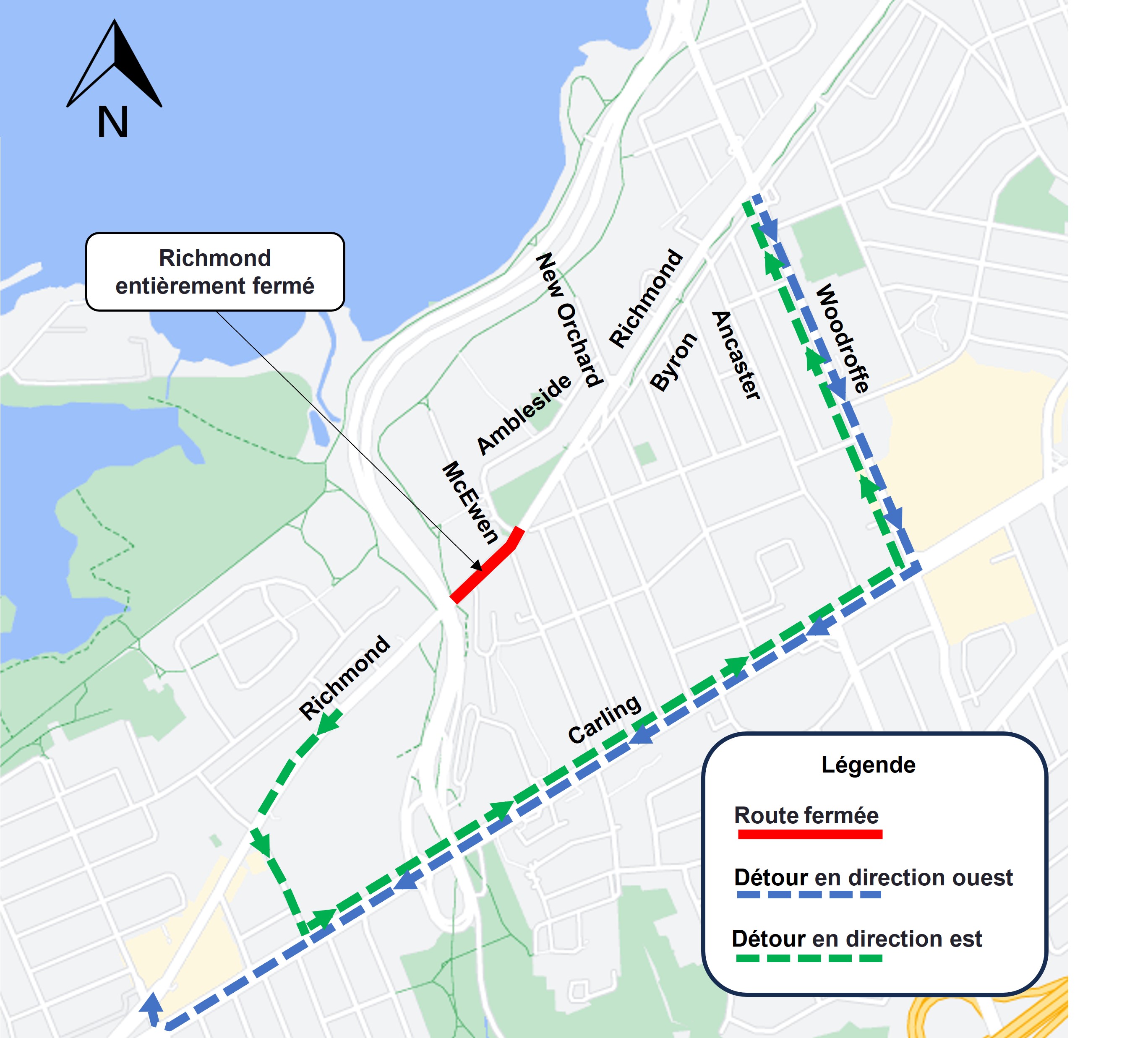 Carte montrant la fermeture complète de Richmond Road depuis le KZM jusqu'à Ambleside.