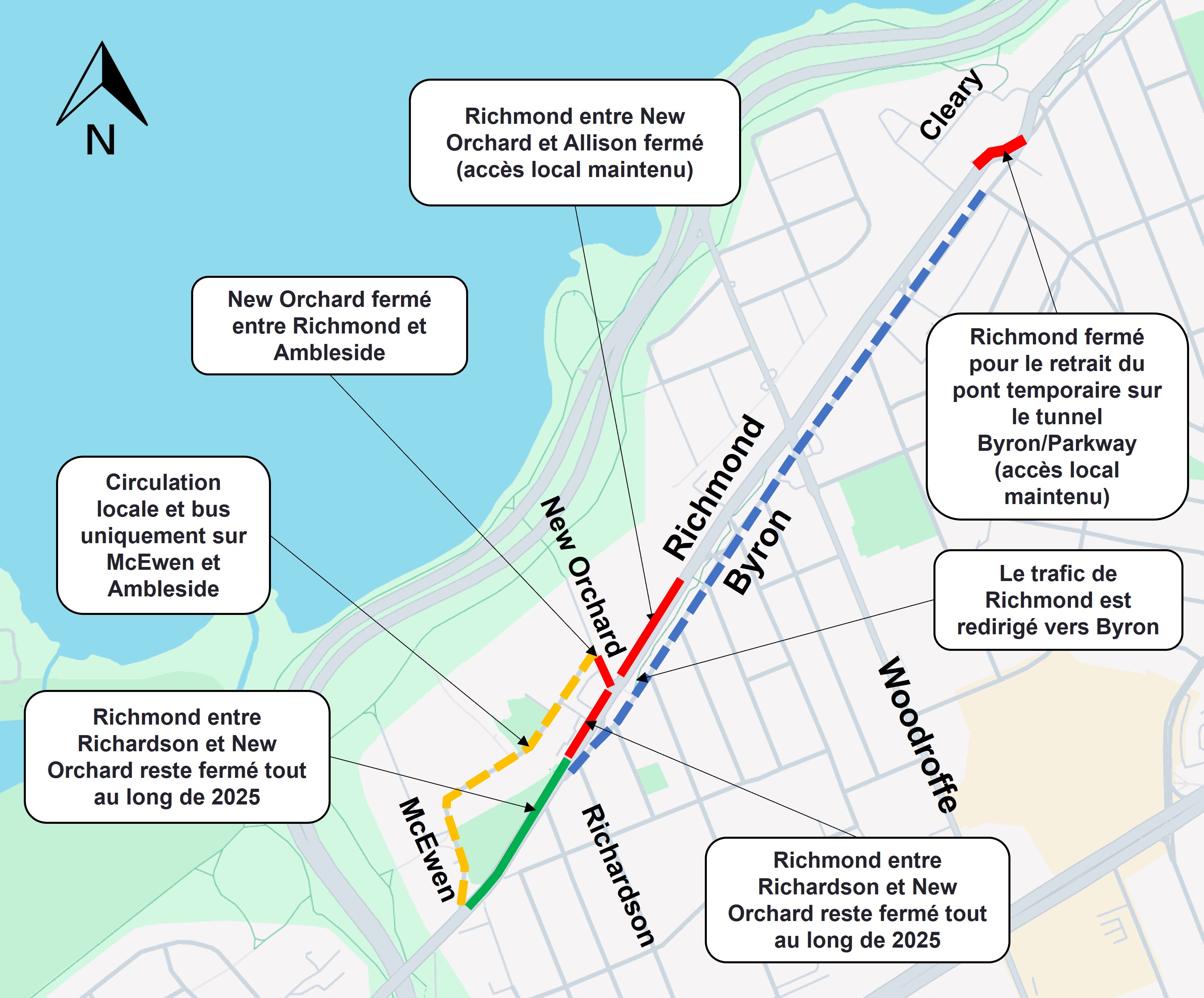 Carte indiquant les fermetures et les déviations. Ligne bleue en pointillés indiquant la circulation à double sens sur Byron. Ligne verte sur Richmond montrant la zone rouverte de McEwan à Richardson. Ligne jaune en pointillés indiquant l'accès local uniquement sur McEwan et Ambleside. Ligne rouge continue sur Richmond de Richardson et Allison et sur New Orchard de Richmond à l'impasse. La ligne rouge indique le pont temporaire de Cleary.