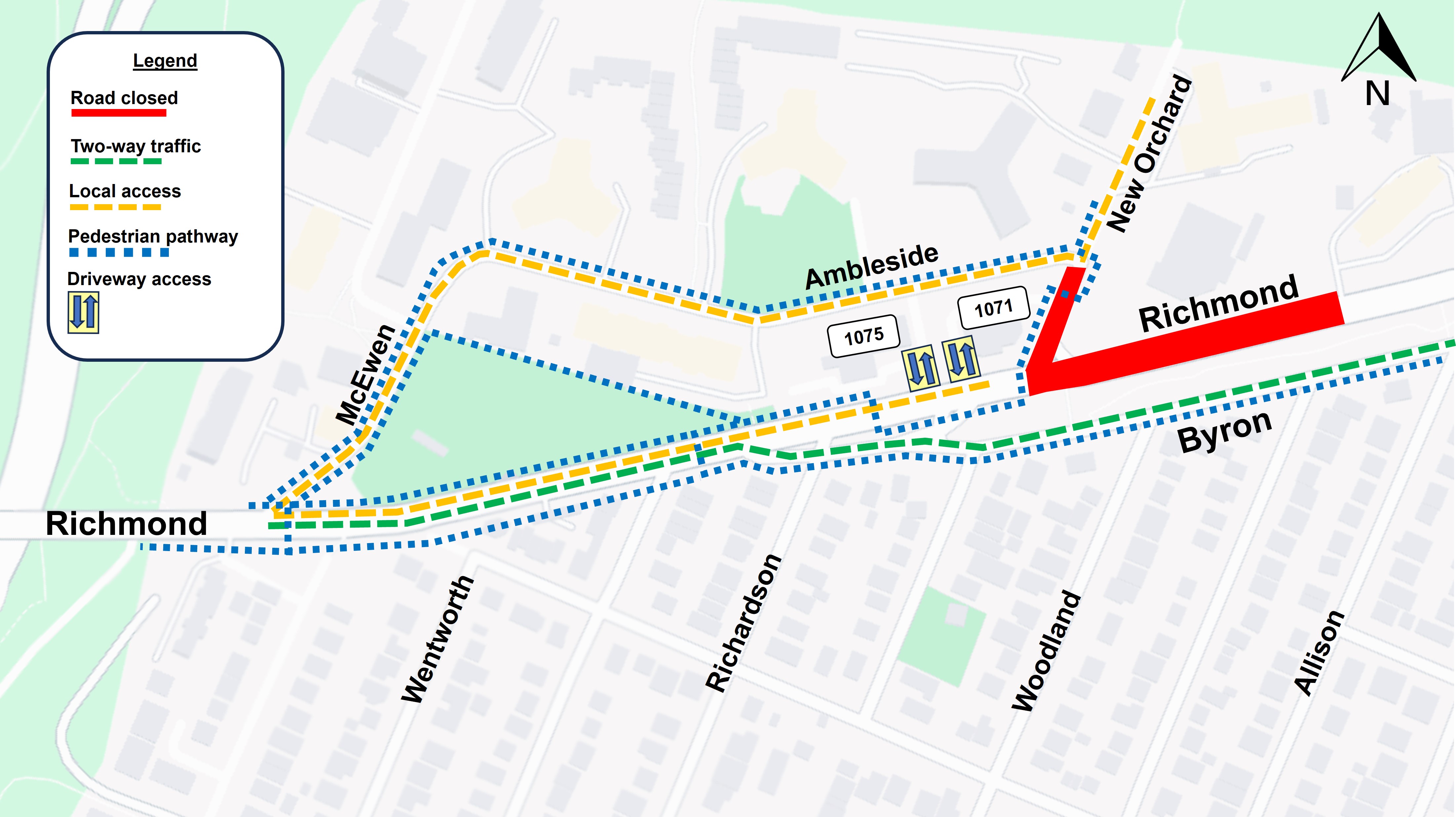 Map showing pedestrian pathways and driveway access from McEwan to New Orchard. 
