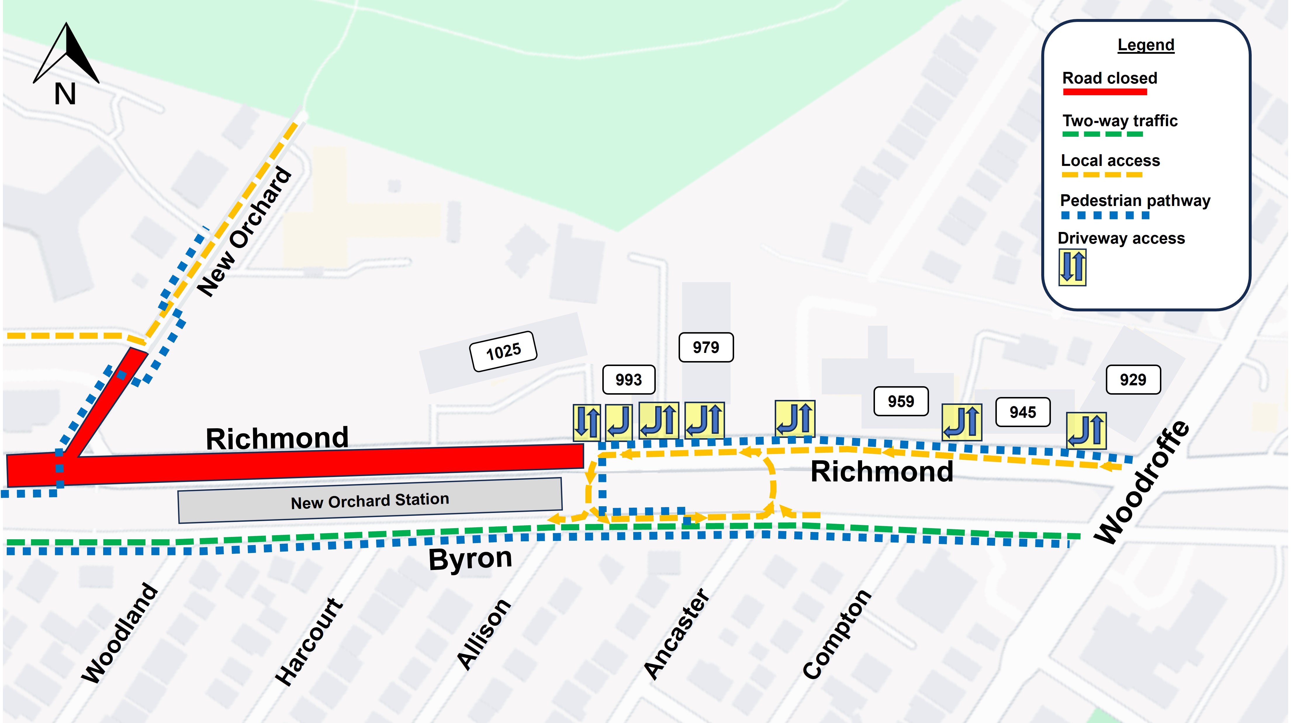 Map showing pedestrian pathways and driveway access: New Orchard to Woodroffe. Large red line showing Richmond and New Orchard closure. 