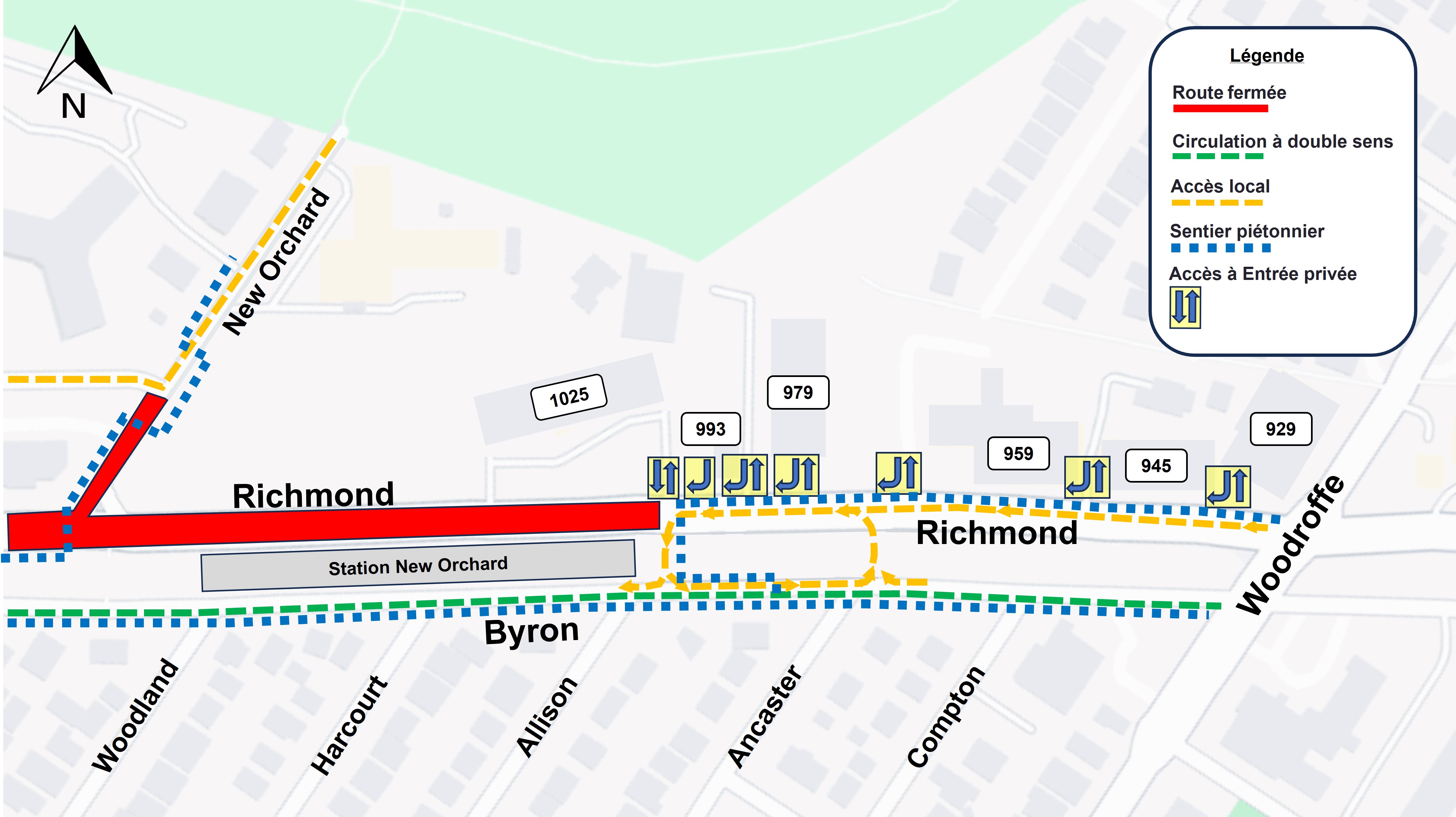 Carte montrant les chemins piétonniers et l'accès aux allées : De New Orchard à Woodroffe. Une grande ligne rouge indique la fermeture de Richmond et de New Orchard. 