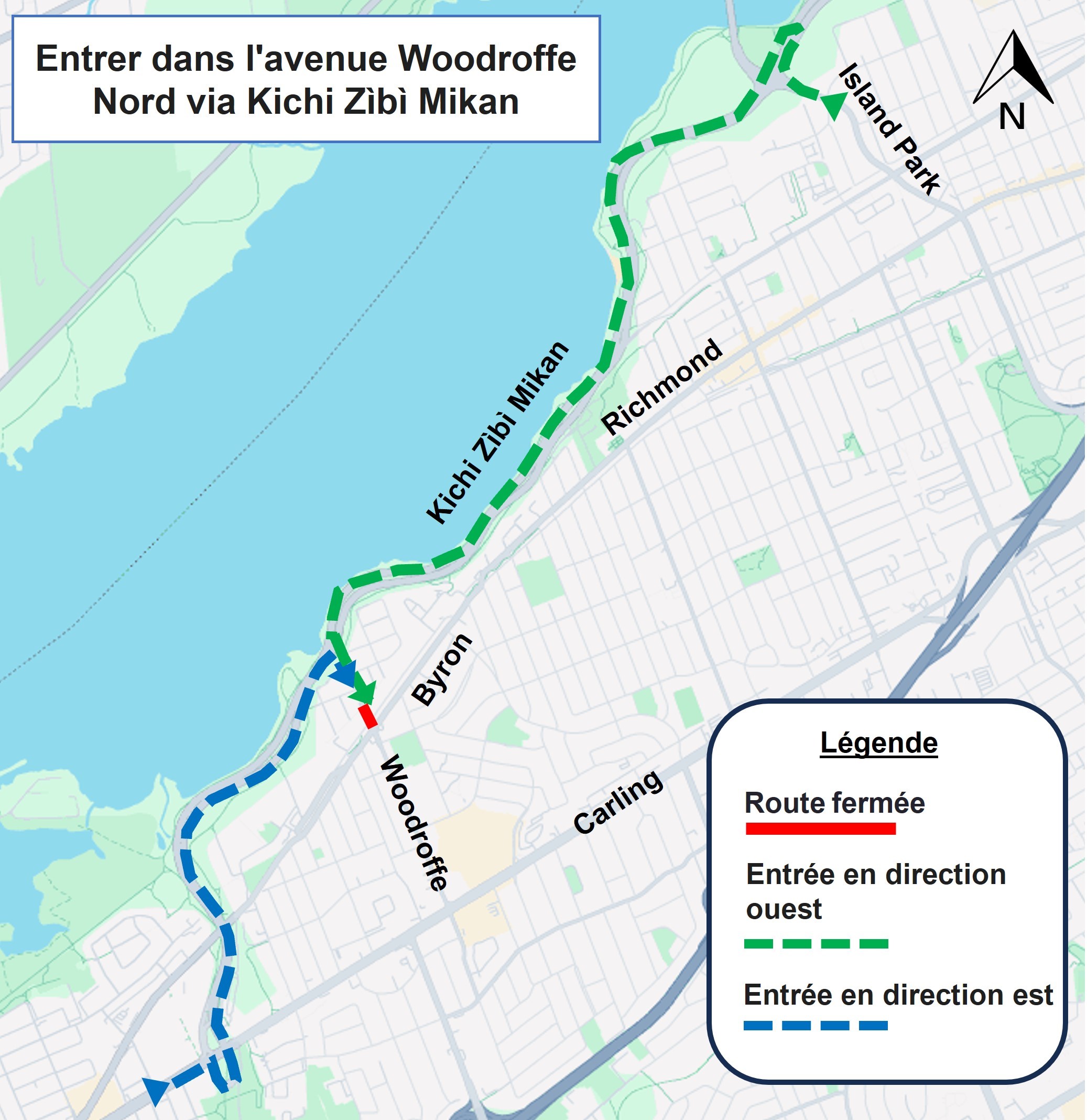 Carte grise montrant une ligne bleue en pointillés pour l'accès à la communauté Woodroffe North en direction de l'est depuis l'avenue Carling et le Kichi Zibi Mikan. Une ligne verte en pointillés indique comment accéder à la communauté Woodroffe North via Island Park Drive jusqu'à Kichi Zibi Mikan. Une ligne rouge continue indique la fermeture de l'avenue Woodroffe Nord.
