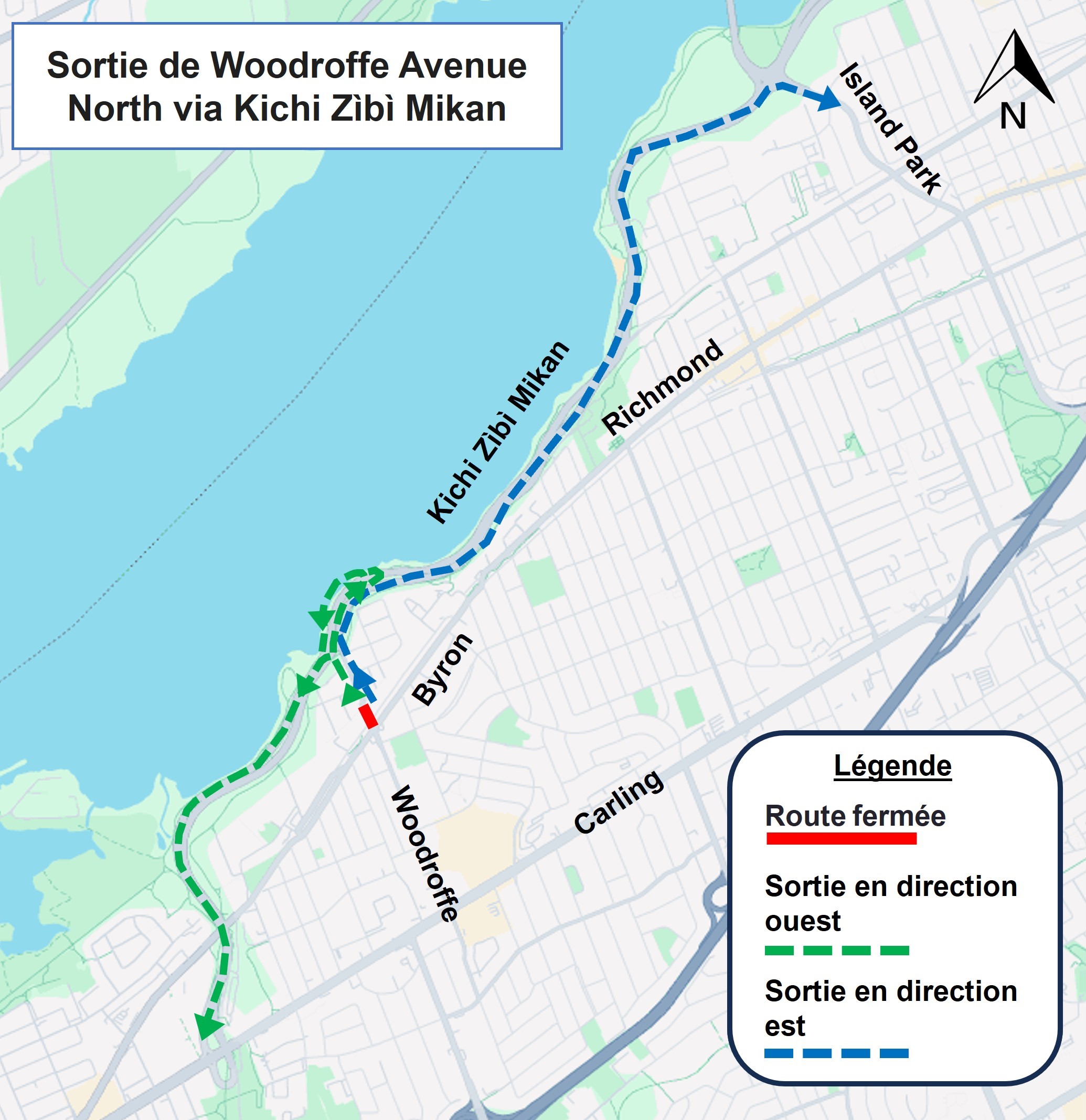Carte grise montrant une ligne bleue en pointillés pour la sortie vers l'est de la communauté Woodroffe North vers Island Park Drive via le Kichi Zibi Mikan. Une ligne verte en pointillés indique la sortie de la communauté Woodroffe North via le Kichi Zibi Mikan vers l'avenue Carling. Une ligne rouge continue indique la fermeture de l'avenue Woodroffe Nord.