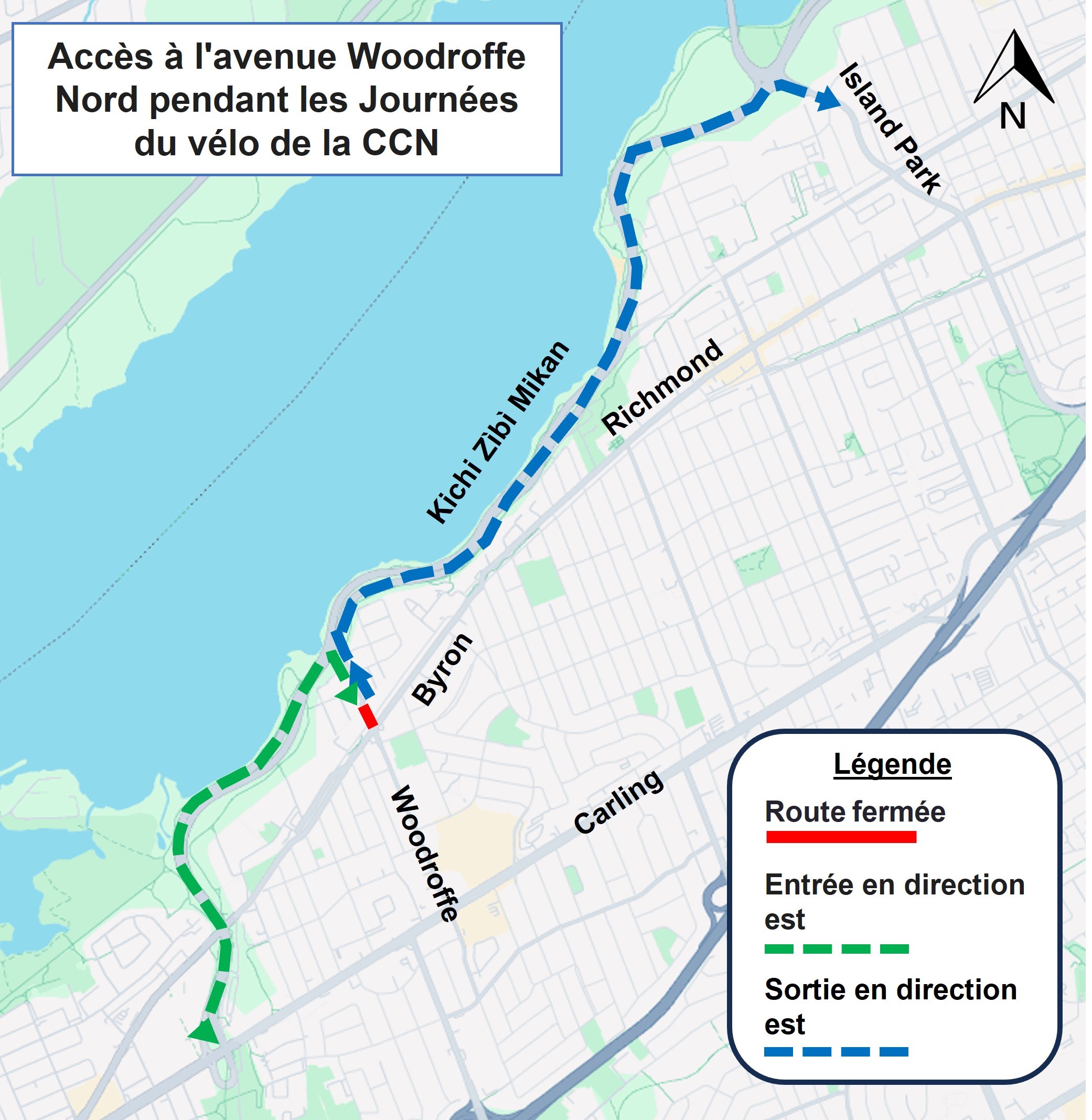 Carte grise montrant une ligne bleue en pointillés pour la sortie vers l'est de la communauté Woodroffe North vers Island Park Drive via le Kichi Zibi Mikan. Une ligne verte en pointillés indique l'entrée dans la communauté de Woodroffe North via le Kichi Zibi Mikan. Une ligne rouge continue indique la fermeture de l'avenue Woodroffe Nord.