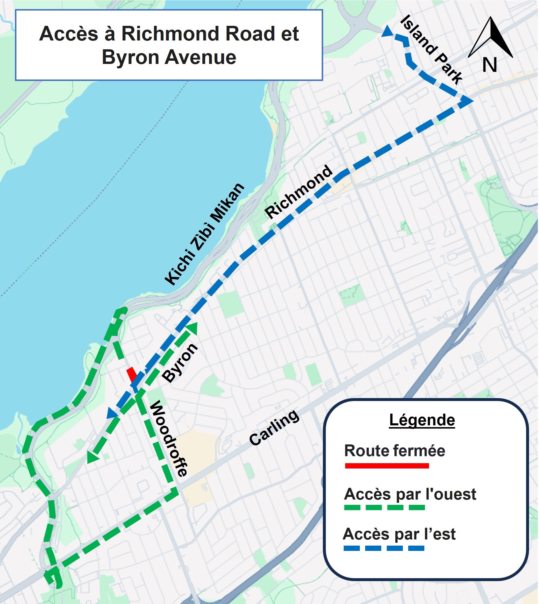 Carte grise montrant une ligne bleue en pointillés pour l'accès à Richmond Road en direction de l'ouest depuis Island Park Drive et une ligne verte en pointillés pour l'accès à Richmond Road en direction de l'ouest et de l'est depuis Kichi Zibi Mikan en direction de l'ouest via Carling Avenue. La ligne rouge indique la fermeture de la route à Woodroffe et Richmond. Carte intitulée Accès à Richmond Road et Byron Avenue.