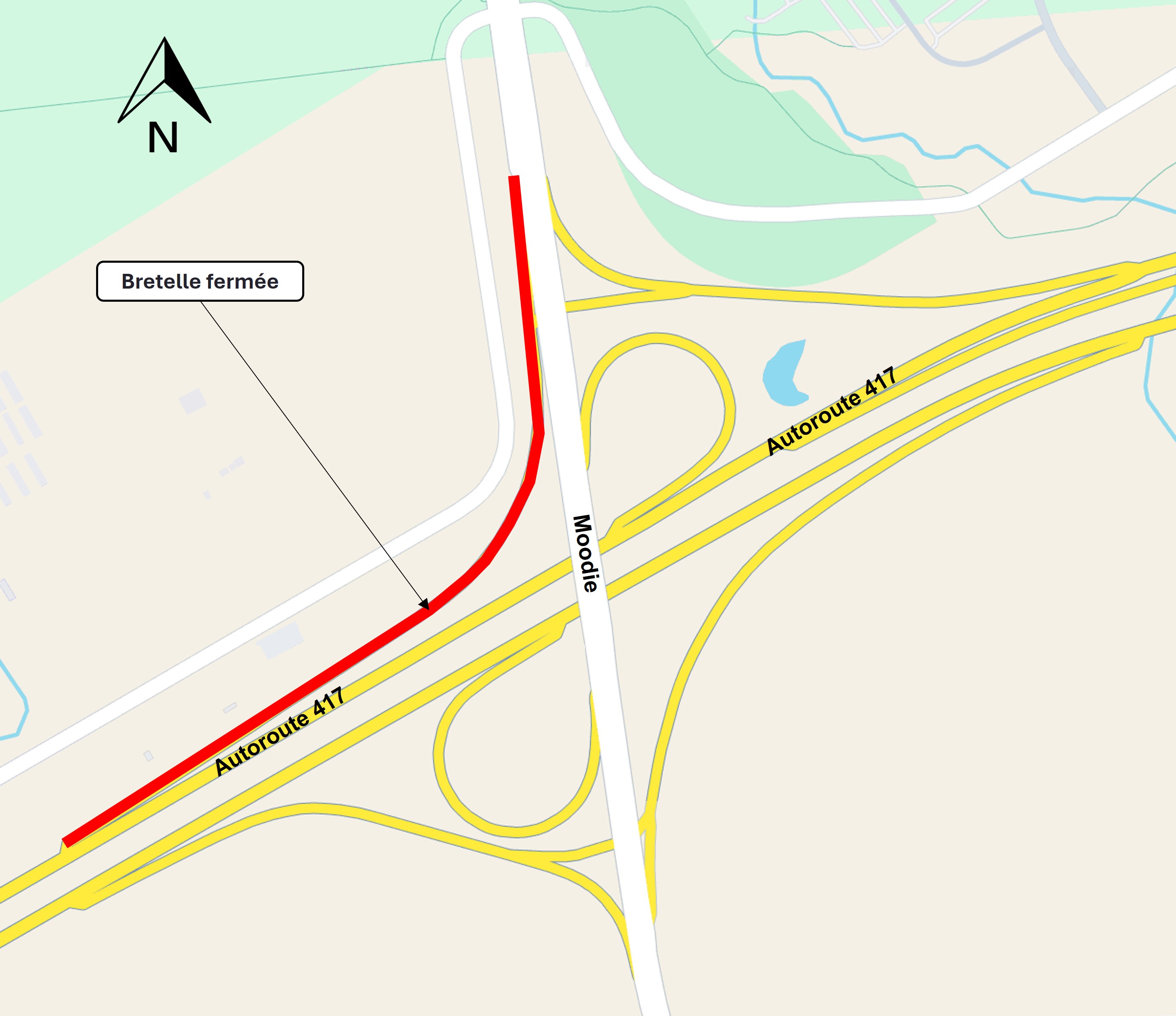Carte montrant une ligne rouge indiquant la fermeture de la bretelle d'accès à la 417 en direction de l'ouest au niveau de la rue Moodie.