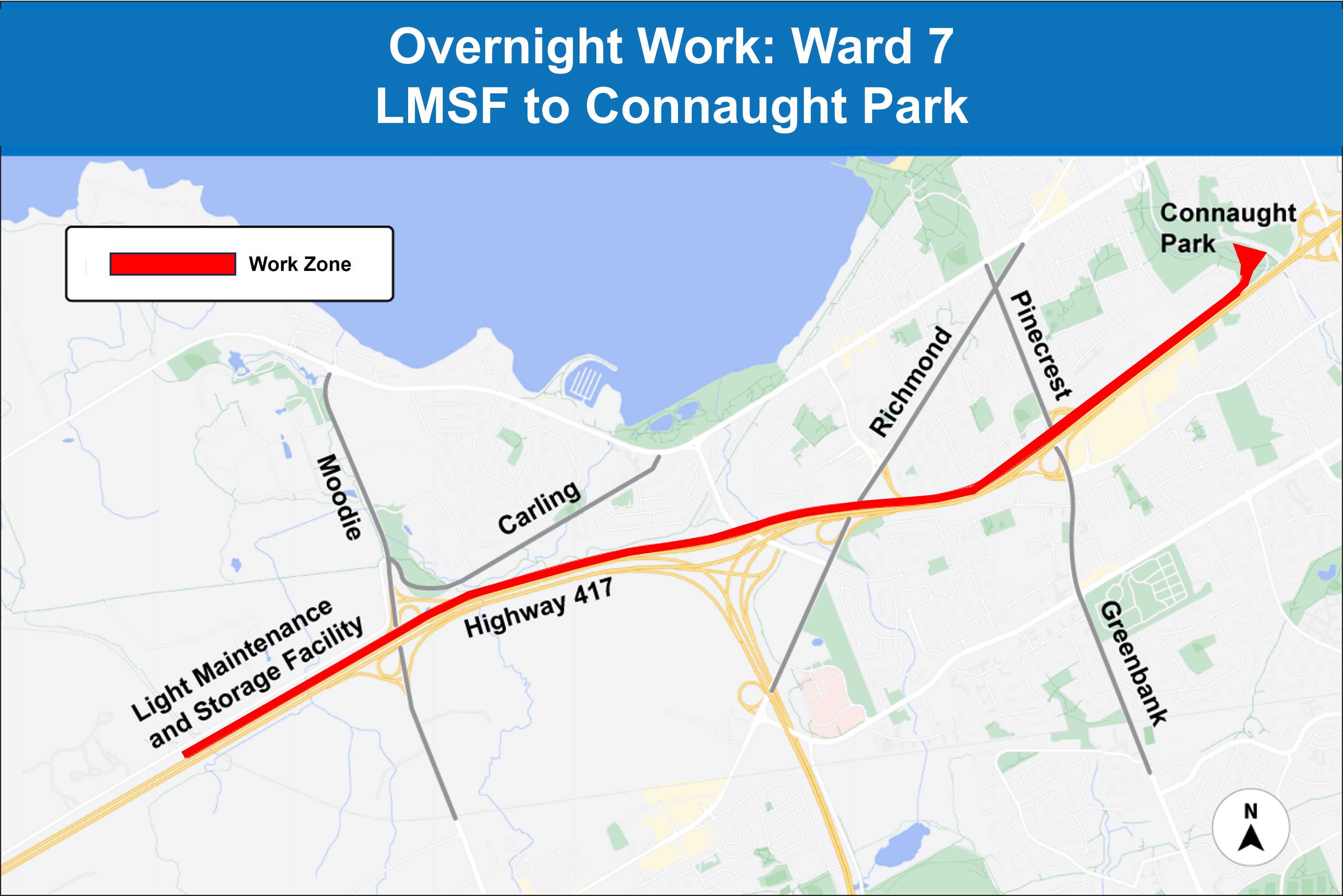 Map with a blue heading showing Overnight Work: Ward 7 LMSF to Connaught Park. On the map there is a red line showing work from Connaught Park to the LMSF indicating the work zone.