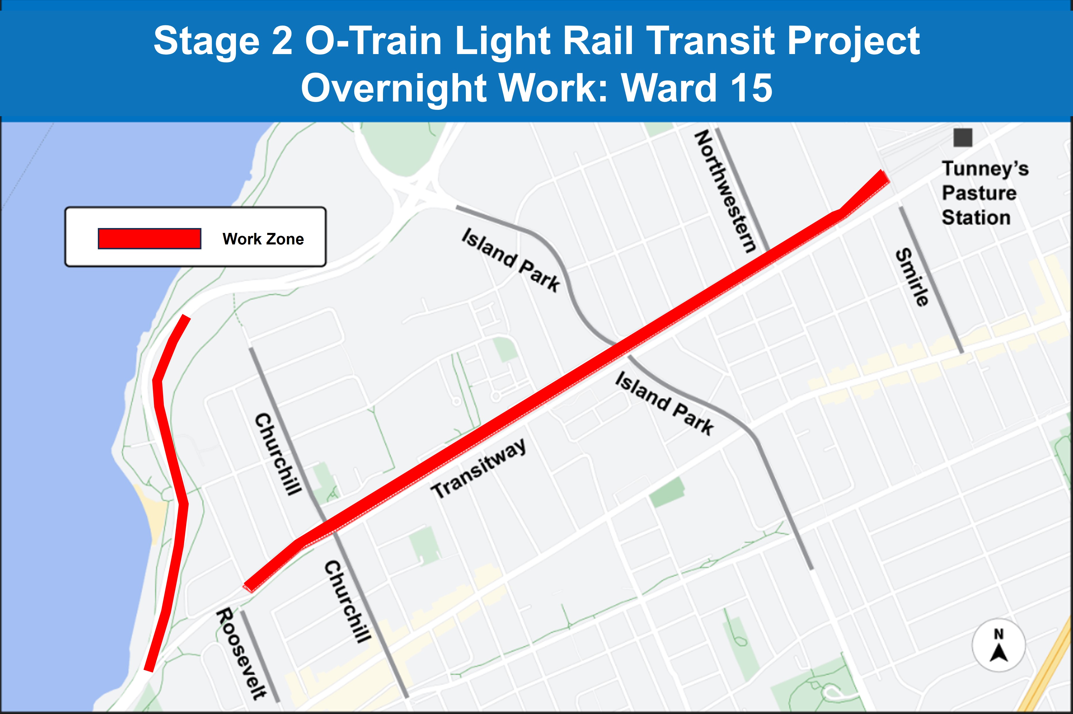 Map with blue header Stage 2 O-Train Light Rail Transit Project Overnight Work: Ward 15. Red line on the former transit way and on the KZM to denote the work zone.